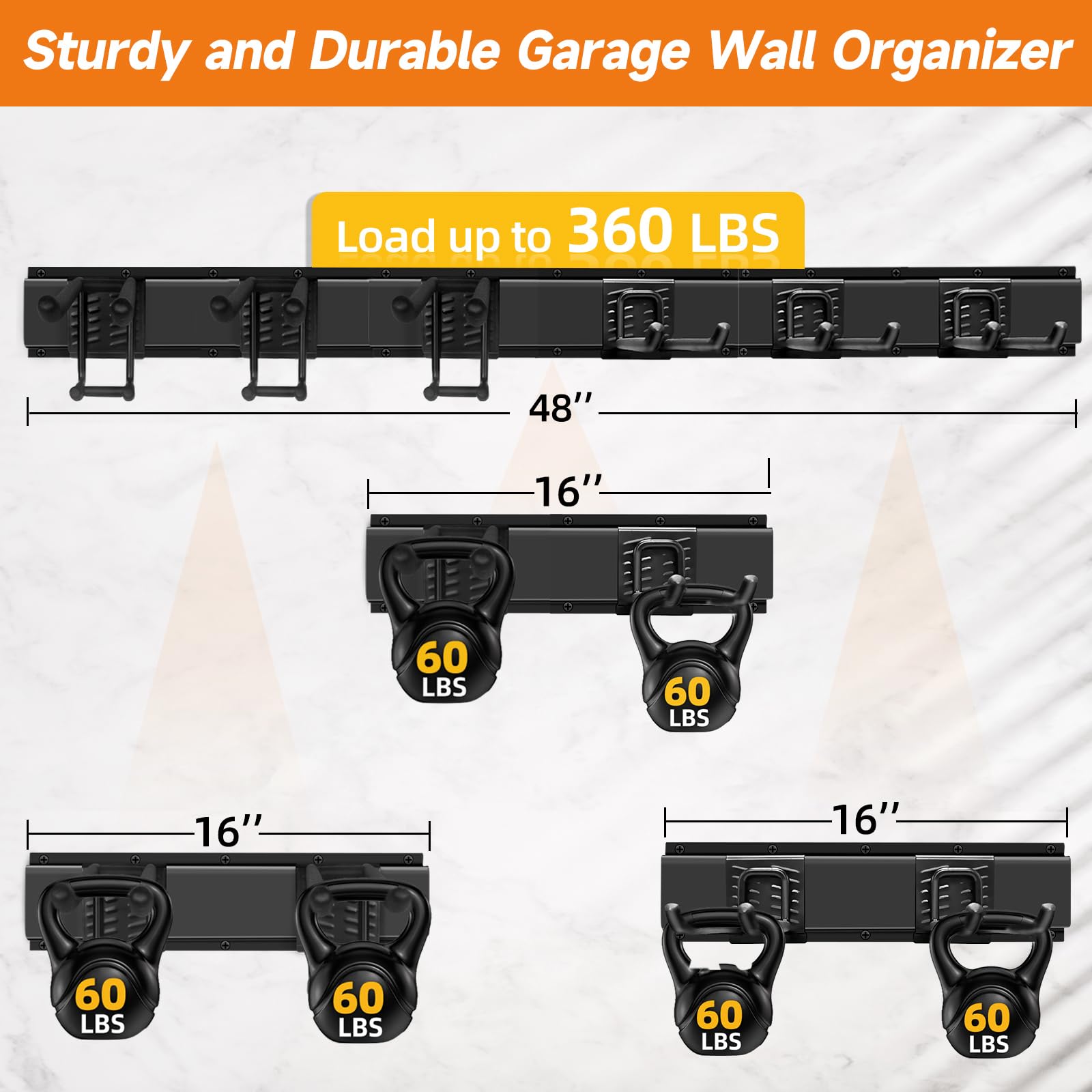 Organizador de herramientas de jardín para montaje en pared, resistente 48 pulgadas, organizador de garaje y estantes de almacenamiento para herramientas de patio con 6 ganchos, soportes para 5