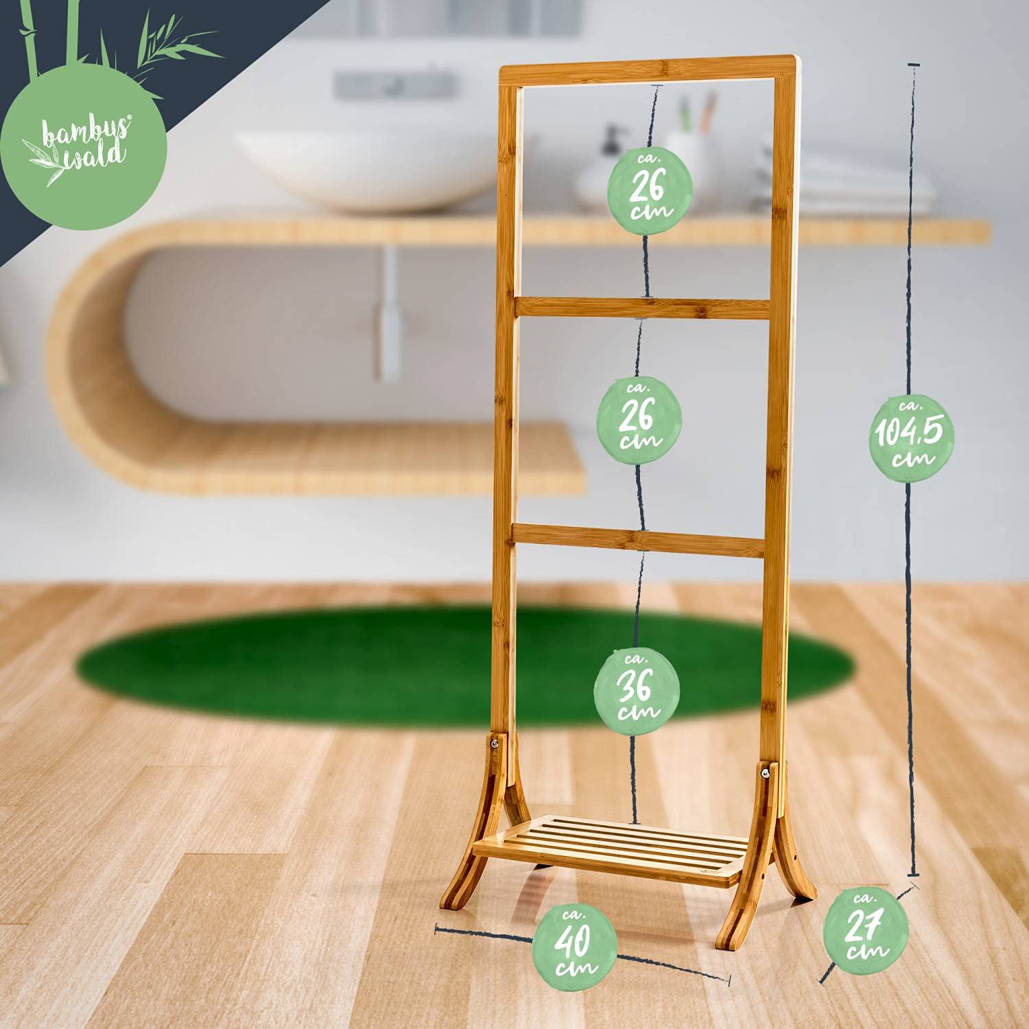 ZRI Bamboo Handdoekladder, handdoekstandaard, ladder, handdoekhouder, rek met 4 stangen, super elegante kledingstandaard voor badkamer, woonkamer, bamboe/natuurlijk bruin (bruin