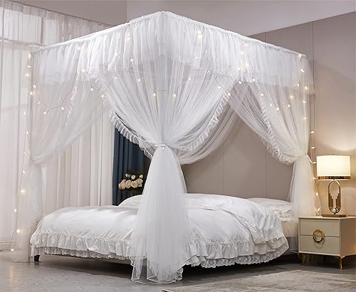 Miniatura 5 de VETHIN Cortina de cama de princesa con volantes de 4 esquinas, doble capa, acogedora red mosquitera de 4 aperturas para niñas y adultos, decoración