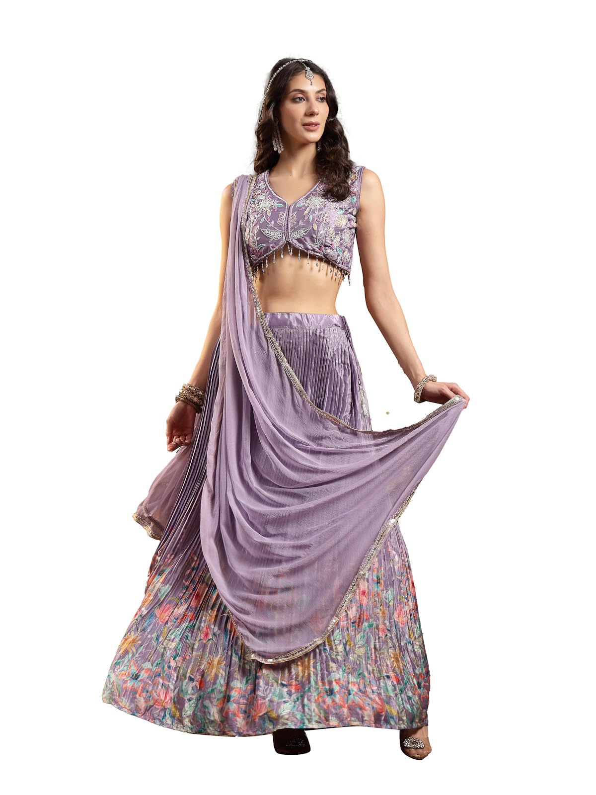 Women's Purple Floral Printed & Embroidered Silk Blend Lehenga Choli With Dupatta