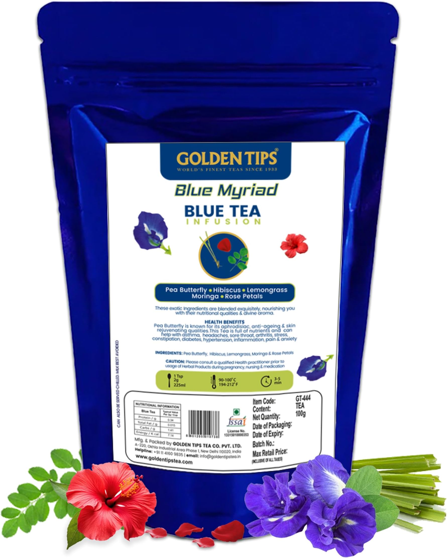 Golden Tips Blue Myriad Infusion Tea, Dried Butterfly Pea Flower, Premium Zipper (100gm-50 cups)