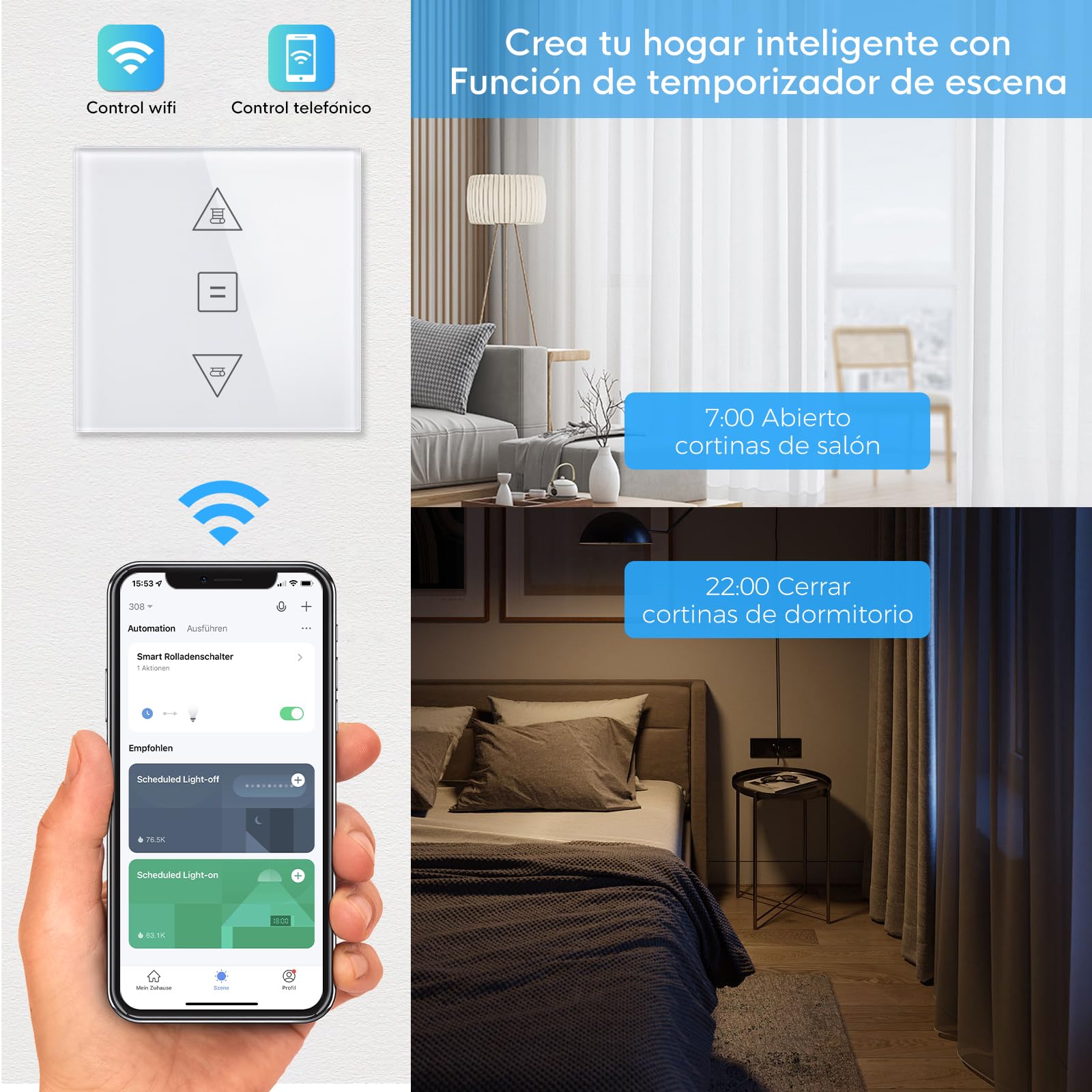Interruptor Persiana Electrica,86 * 86mm Interruptor WIFI Persianas (Necesita Cable Neutro) Control de APP y Voz, Compatible con Alexa y Google Home 2 Pieza