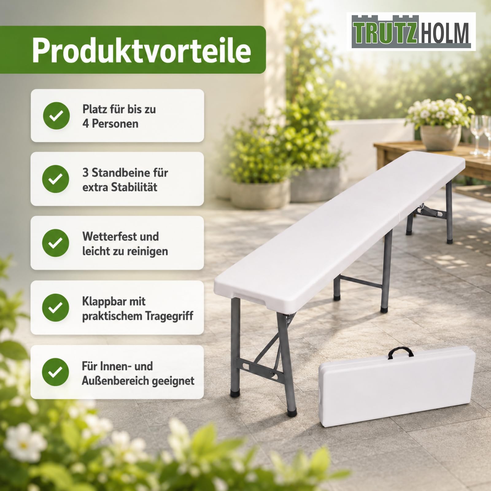 TRUTZHOLM Bierzeltbank 2er Set klappbar 180 cm für je 4 Personen, weiß, Stahlgestell pulverbeschichtet, HDPE-Sitzfläche, mit Tragegriff, witterungsbeständig, für Innen- und Außenbereich