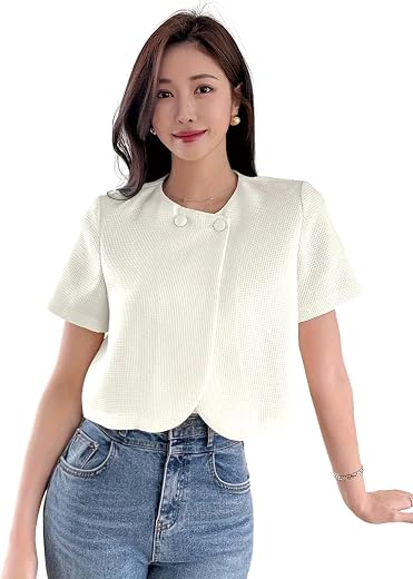 TAGAS Women’s Textured Crop Jacket Top | Round Neck Short Sleeve Front Button Closure Casual Summer Office Wear Top for Wo...