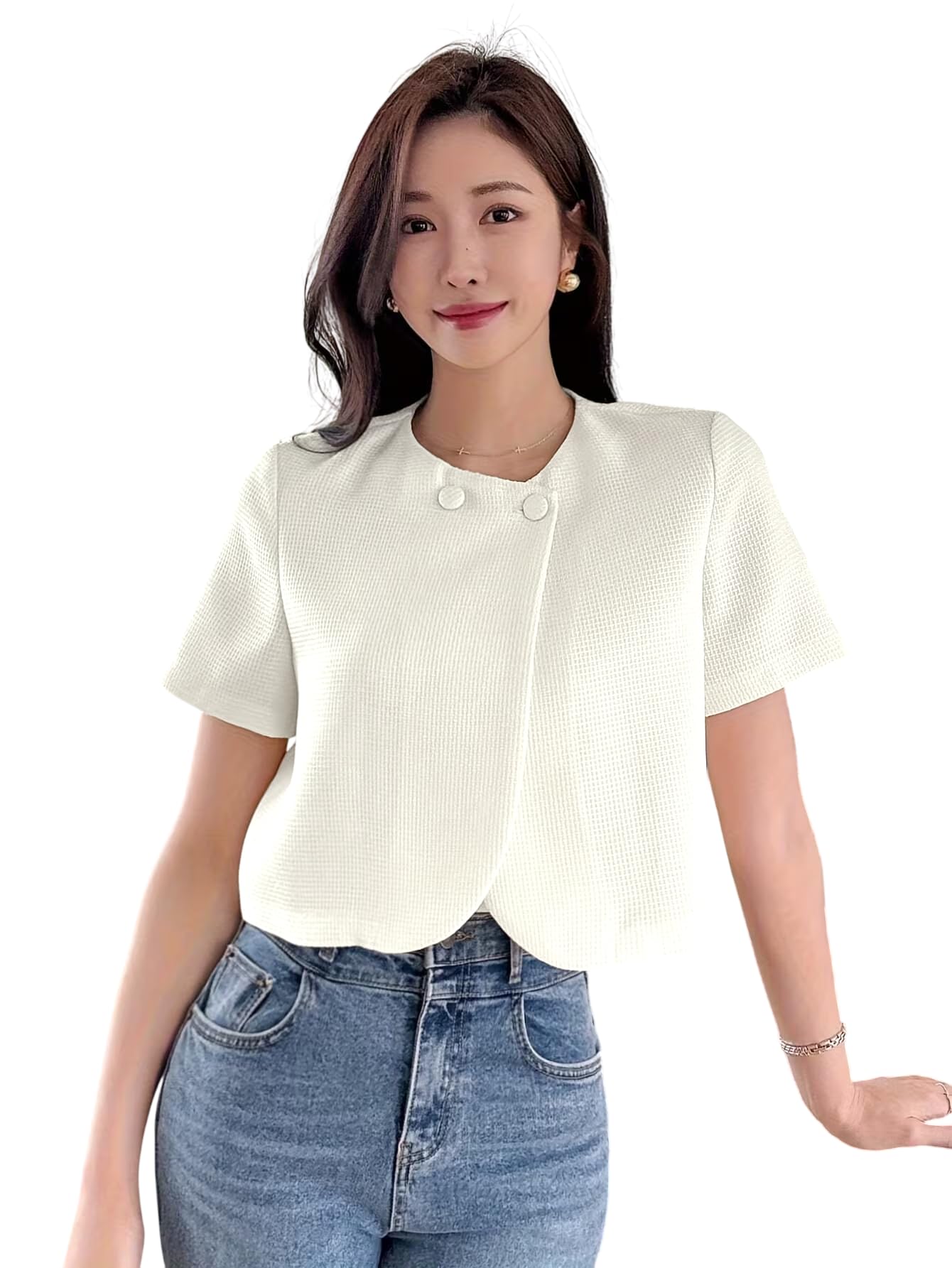 tagas Women’s Textured Crop Jacket Top | Round Neck Short Sleeve Front Button Closure Casual Summer Office Wear Top for Women | Off White-picture-45