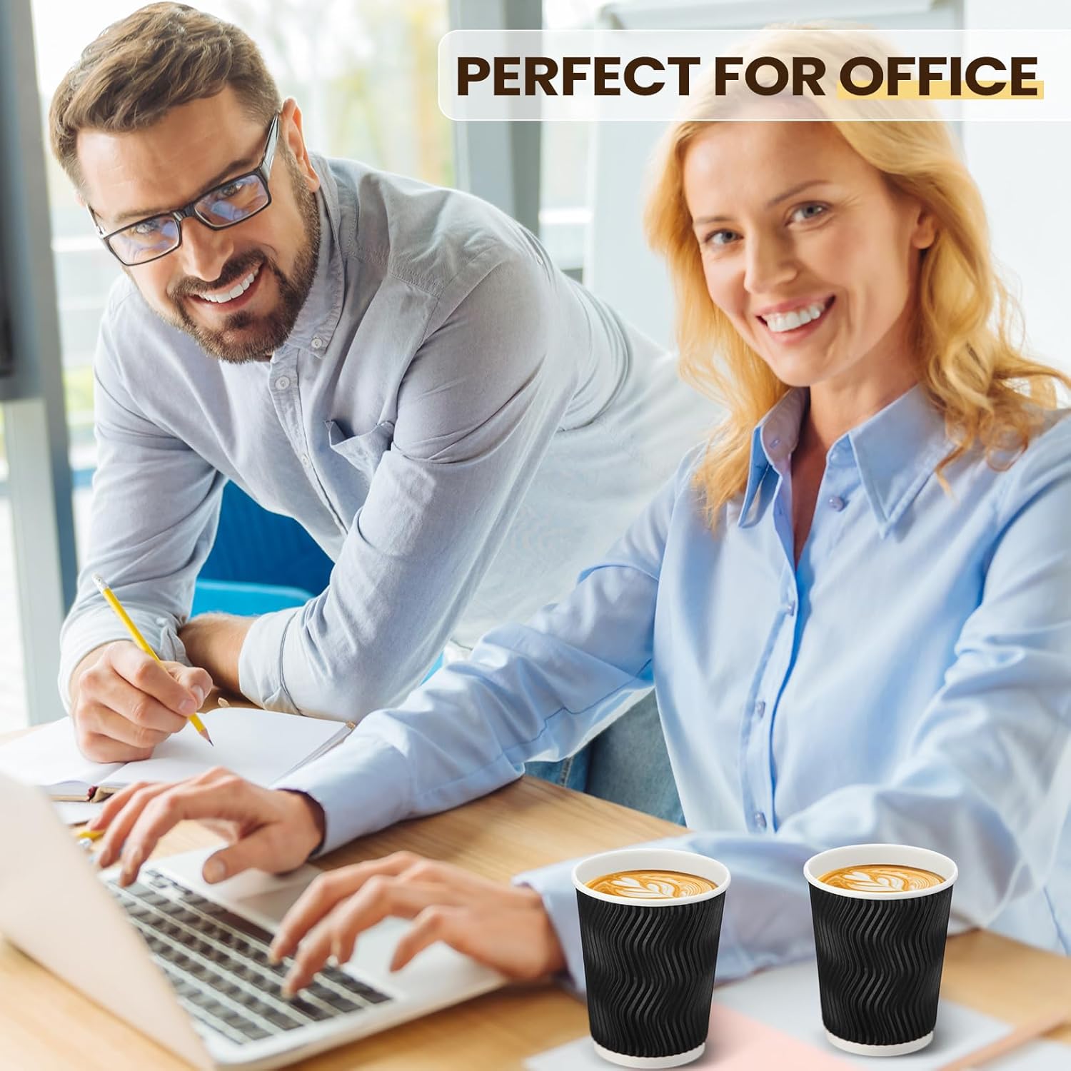 140 Set 8 oz Disposable Coffee Cups with Lid Insulated Corrugated Paper Hot Cup Bulk Ripple Wall Insulated Water Mug Suitable for Chocolate Cocoa, Juice, Drink(Wavy Pattern,Black) - Image 5