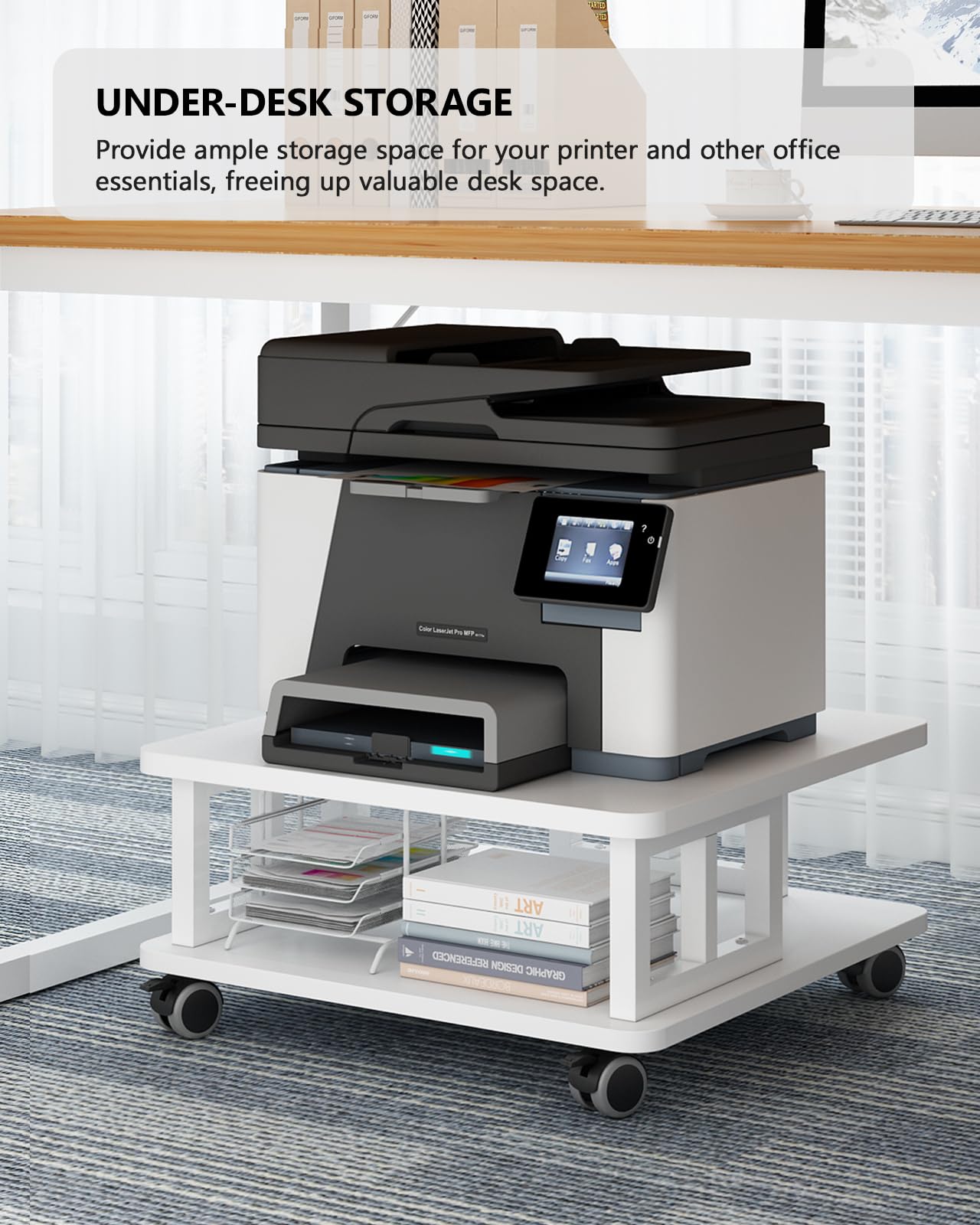 Soporte para impresora móvil, estante grande de 2 niveles para impresora láser 3D, máquina de oficina con almacenamiento, carrito de impresora de madera de 23.6 x 23.6 pulgadas, estante debajo 5
