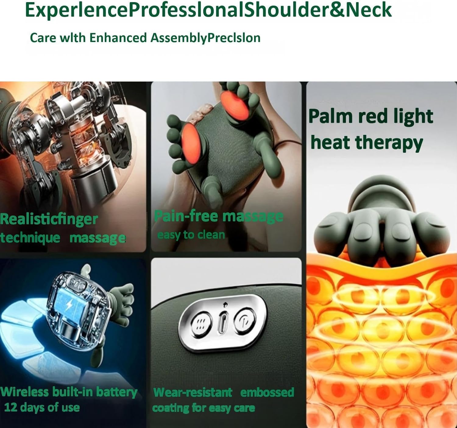 Neck Massager with Heat, 4D Deep Tissue Shiatsu Neck Massage Machine for Pain Relief, Electric Cervical Shoulder & Back Massager with Simulated Human Hand Kneading, Muscle Relaxation (Green) - Image 5