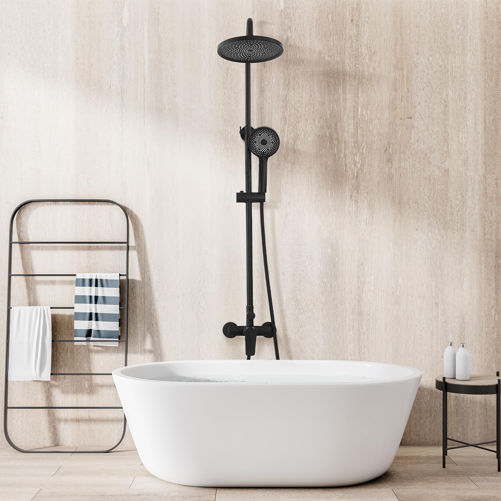 Columna de Ducha Mecánica STANEW con Cabezal Redondo y Manguito ABS de 3 Chorros, Columna de Ducha Para Baño, Negro (Mecánica)