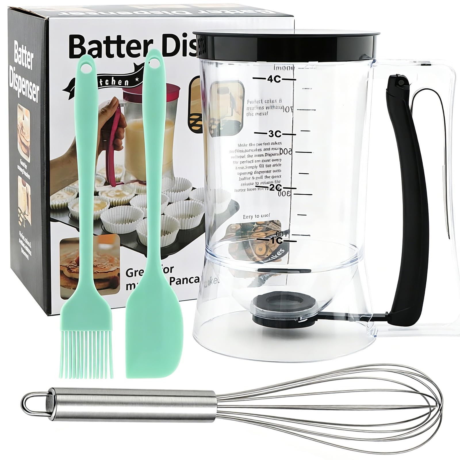 4 pcs Pancake Batter Dispenser, Baking Batter Dispenser with Whipped Cream Function, Precise Portion Control for Cupcakes and Waffles, Complete Set with Spatula and Oil Brush in Black and Green
