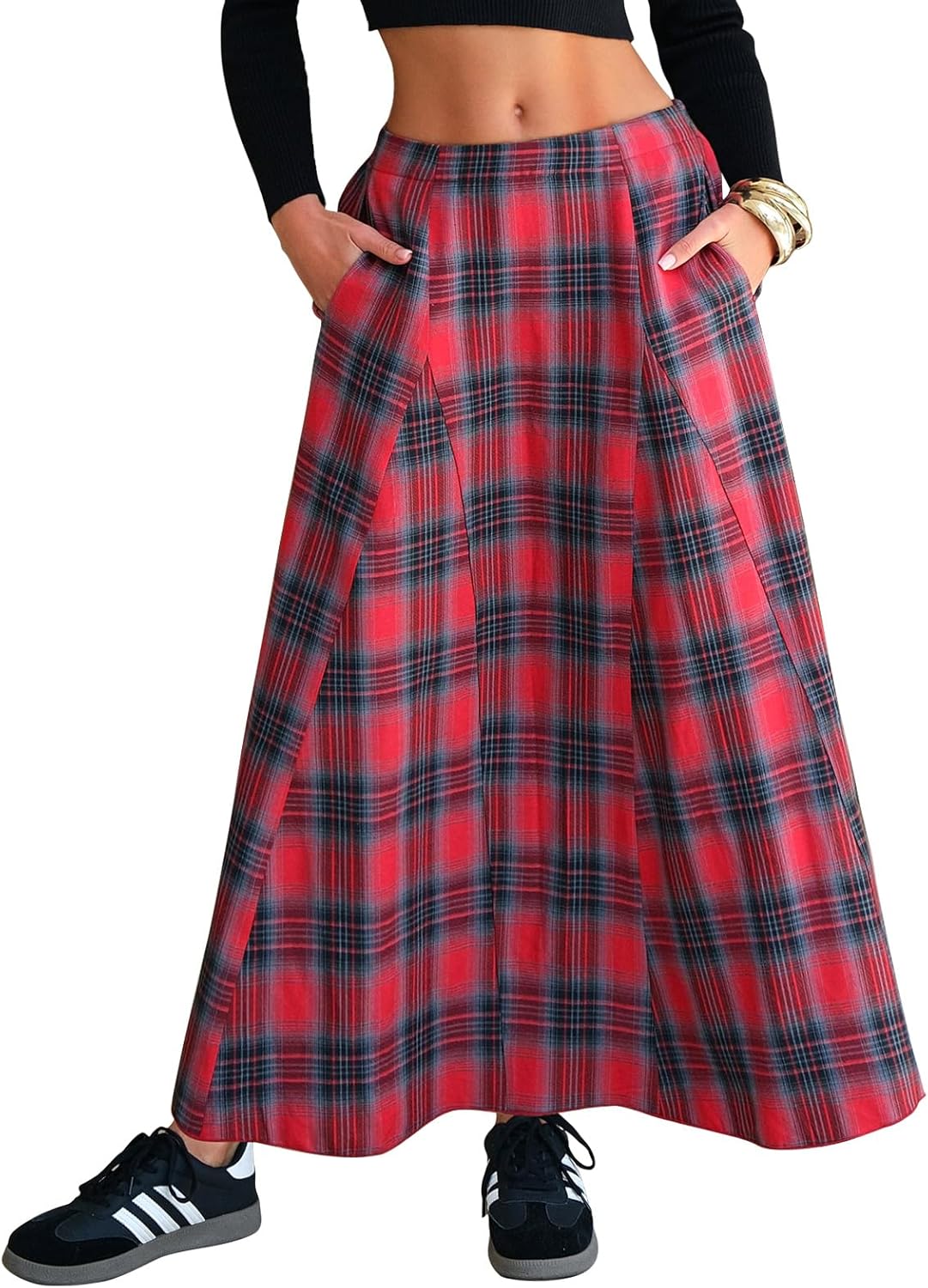 EXLURA Womens Flannel Plaid Long Skirts High Waist A Line Flared Pleated Maxi Skirt Dress Casual Vintage Office with Pockets