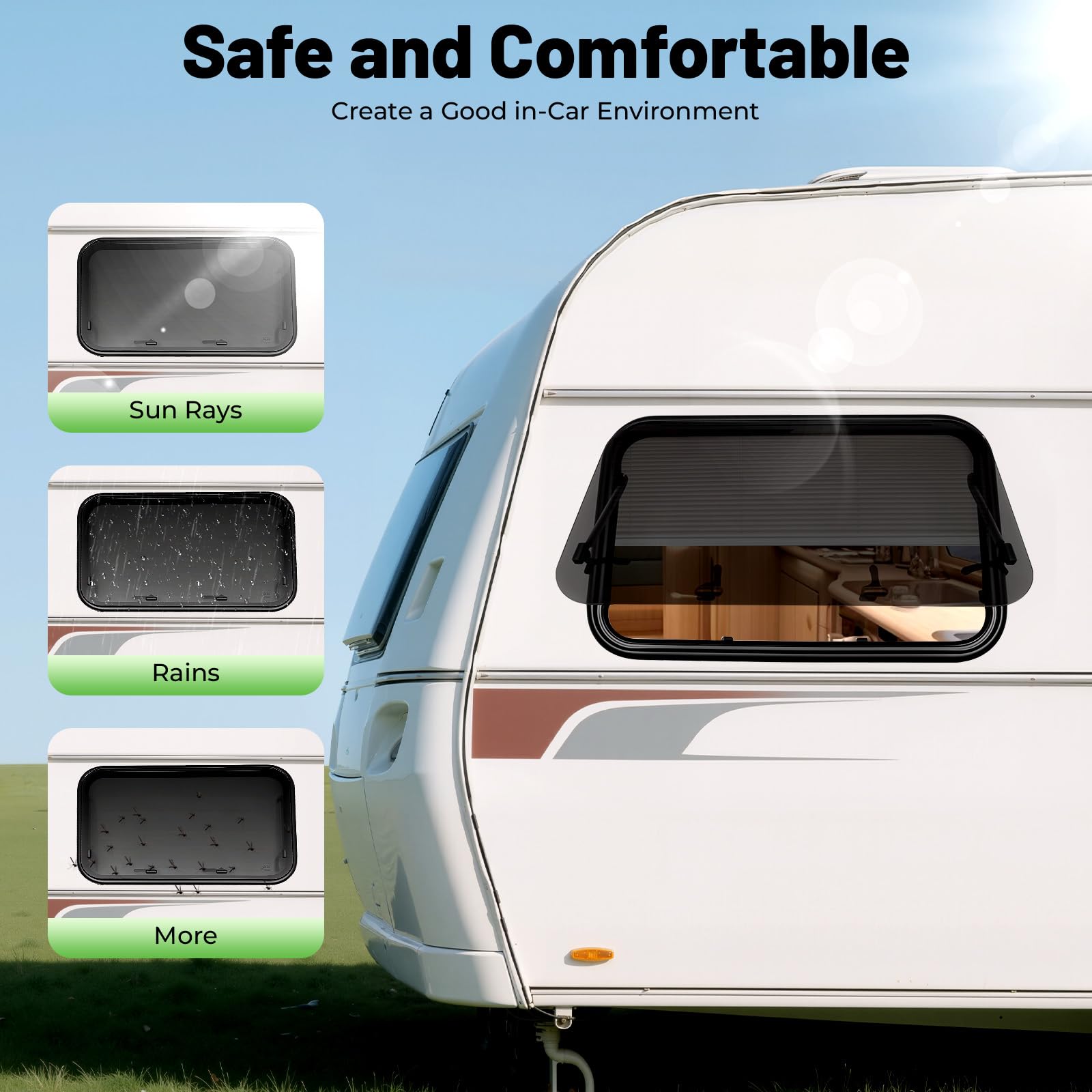 Wohnmobil Fenster Wohnwagen Fenster 900x550mm - E8 R43 Ausstellfenster Camper 65° Wohnmobilfenster Externes Push Fenster mit Fliegengitter＆Integriertem Rollo Sonnenschutz für Wohnwagen Van Camper