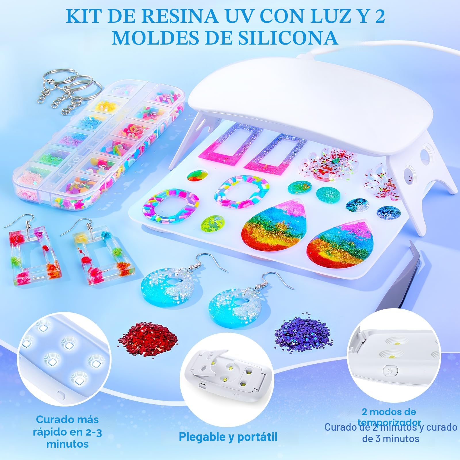 UPDOKIT Resina UV Kit Manualidades Adultos con Lámpara UV y Moldes, 250 g Resina UV Transparente para HacerJoyas, Pendientes, Hacer llaveros, Set Completo para Principiantes y Profesionales