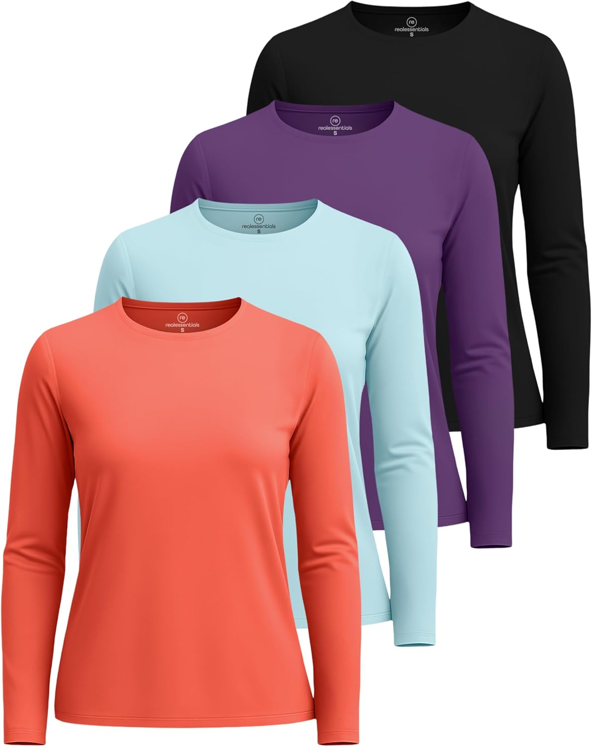 Real Essentials 4 Pack: Women's UPF 50+ Quick Dry Fit Sun Shirts Long Sleeve UV SPF Hiking Top Outdoor (Available in Plus)