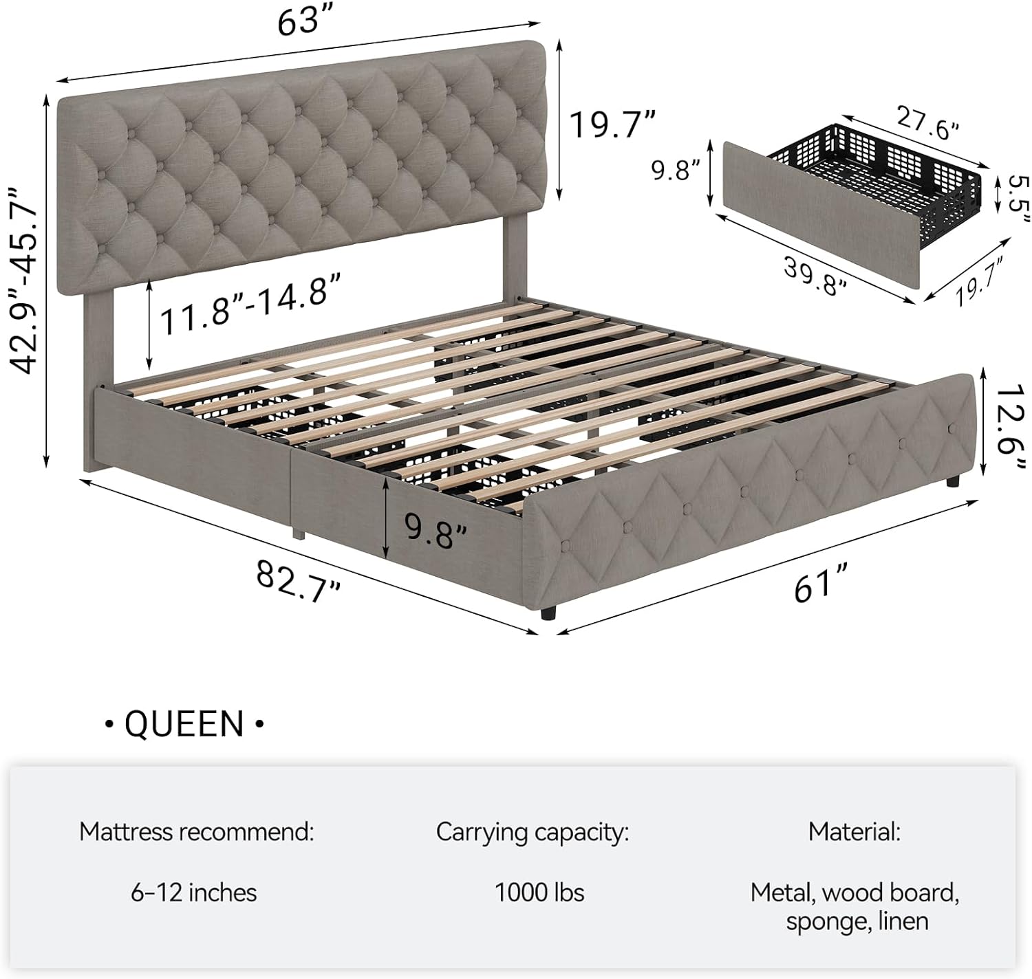 Queen Size Bed Frame with 4 Storage Drawers & Headboard, Linen Upholstered Platform Bed Frame, Stylish Diamond Tufted Design, No Box Spring Needed | Light Grey