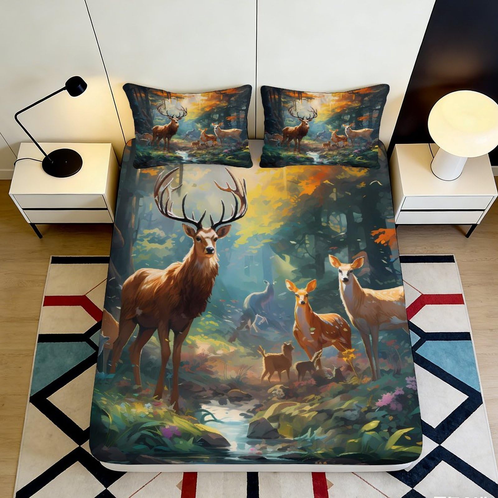 3D Printed Forest Deer Fitted Sheet Microfiber Soft Breathable Woodland Elk Mattress Cover for Bedroom Dorm Decor 90x200x25cm