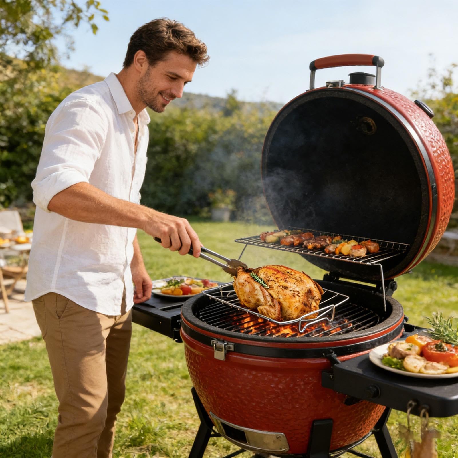 Nieprzywierający stalowy grill do pieczenia – akcesoria do grilla do pieczenia kurczaka, na kemping, gotowanie na świeżym powietrzu, grillowanie mięsa, idealne dla entuzjastów grillowania.
