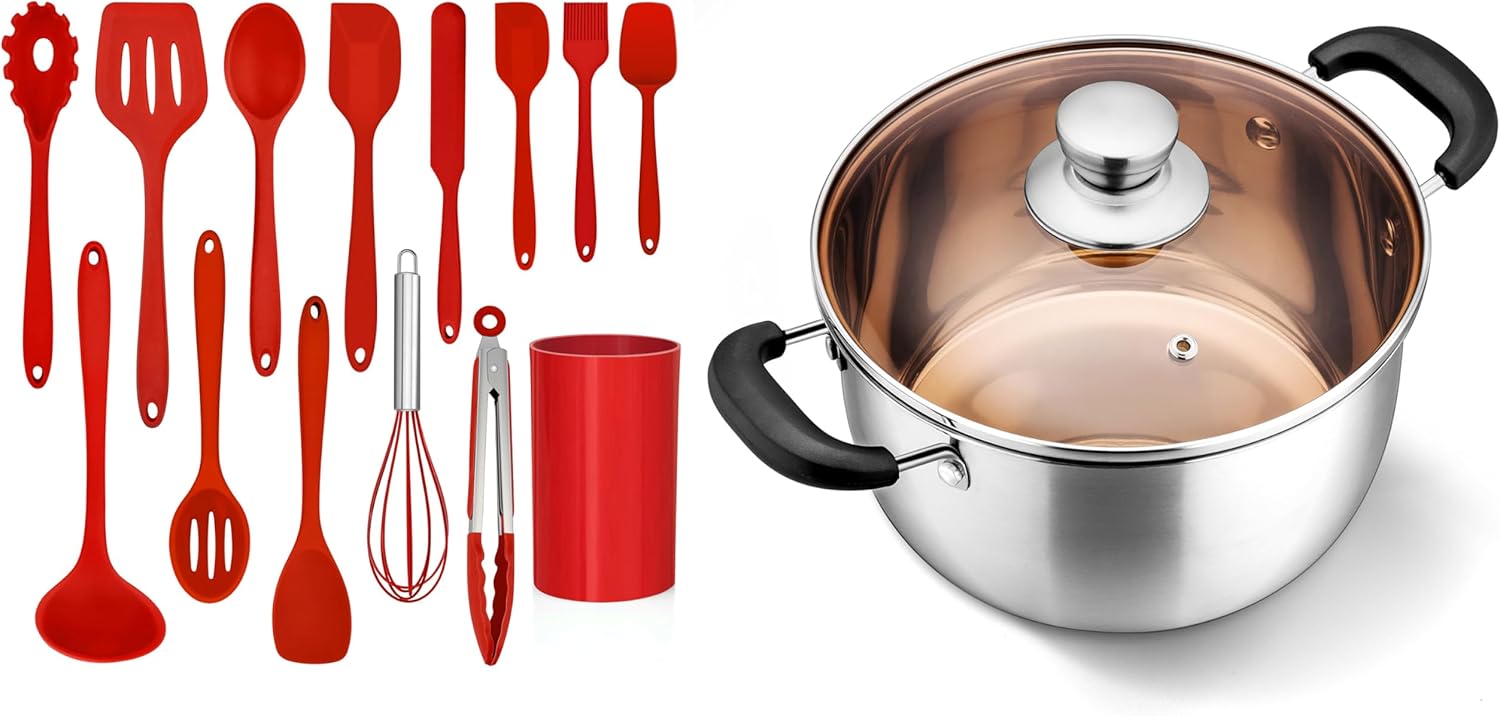 LIANYU 6QT Stock Pot with Cooking Utensils, 6 Quart Stainless Steel Soup Pasta Boiling Pot, Silicone Kitchen Utensils Set with Holder, Dishwasher Safe