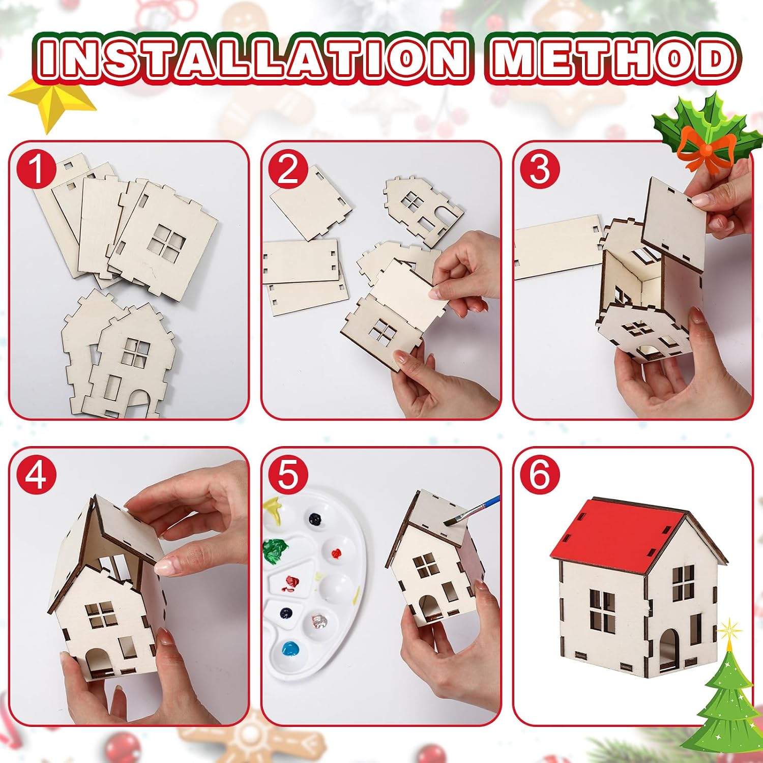 Hiboom 22 Pcs Christmas Village Set Wooden House LED Candlelight Small Pine Tree Mini Wooden Village Building for Adult Winter Town Xmas Farmhouse Tabletop Craft Decor