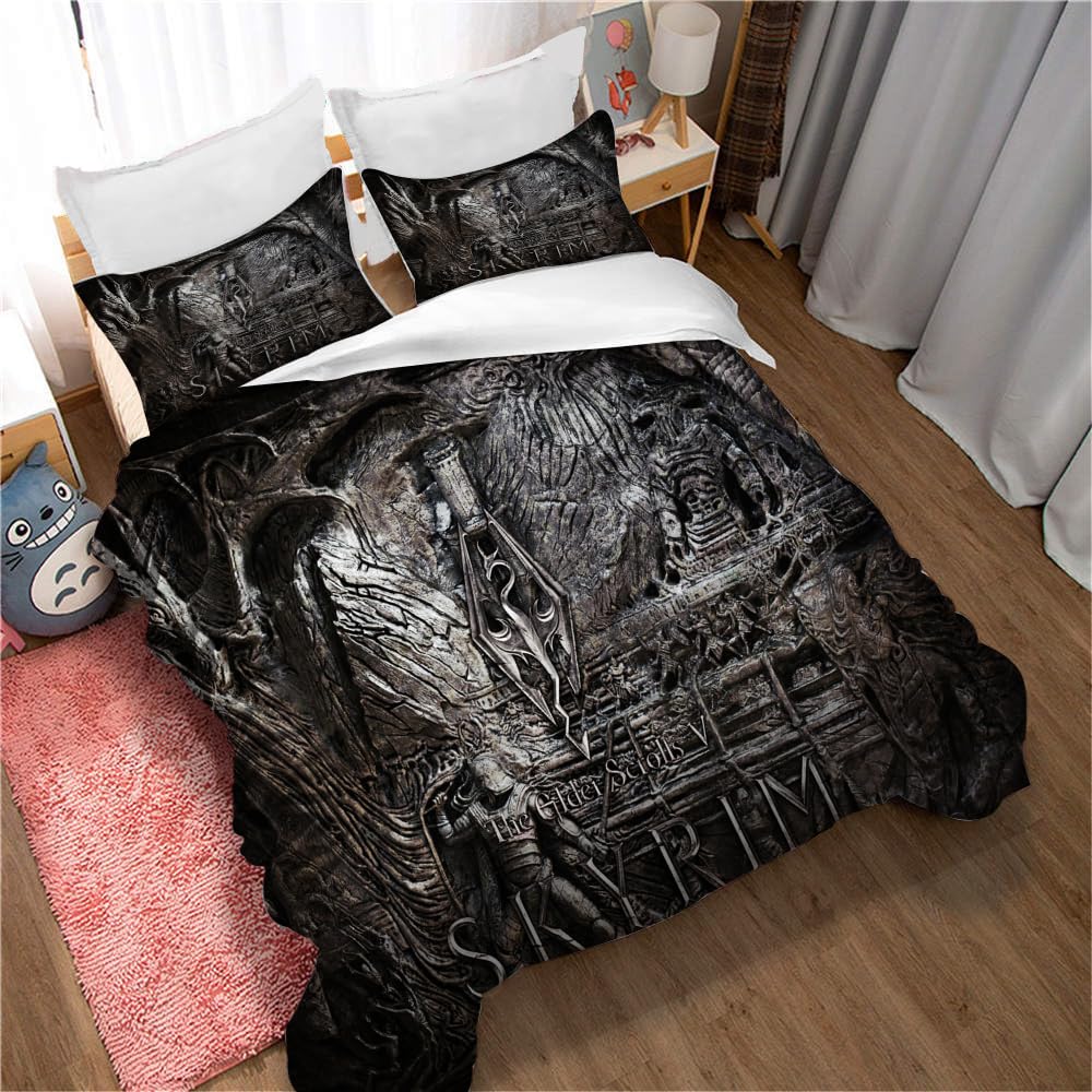 Duvet Cover Set Elder Scrolls V Skyrim with Matching Pillow Cases 100% Cotton 120 Thread Count Guaranteed Quilt Protector Cover Premium Extra Soft (200x200cm(Double),TESVS 02)