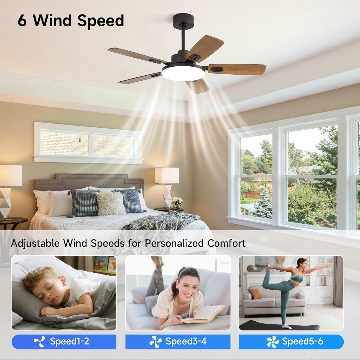 44 Inch Ceiling Fans with Lights and Remote for Bedroom Living Room Kitchen Office, Indoor/Outdoor Use, 5CCT Dimmable, Dual Color 5 Blades, 6 Speed Reversible Quiet DC Motor, Brown/Wood Grain