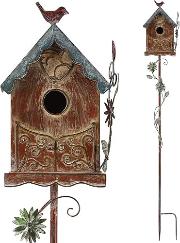 Baroque Cottage Bird House Stake for Outside with Pole, Distressed