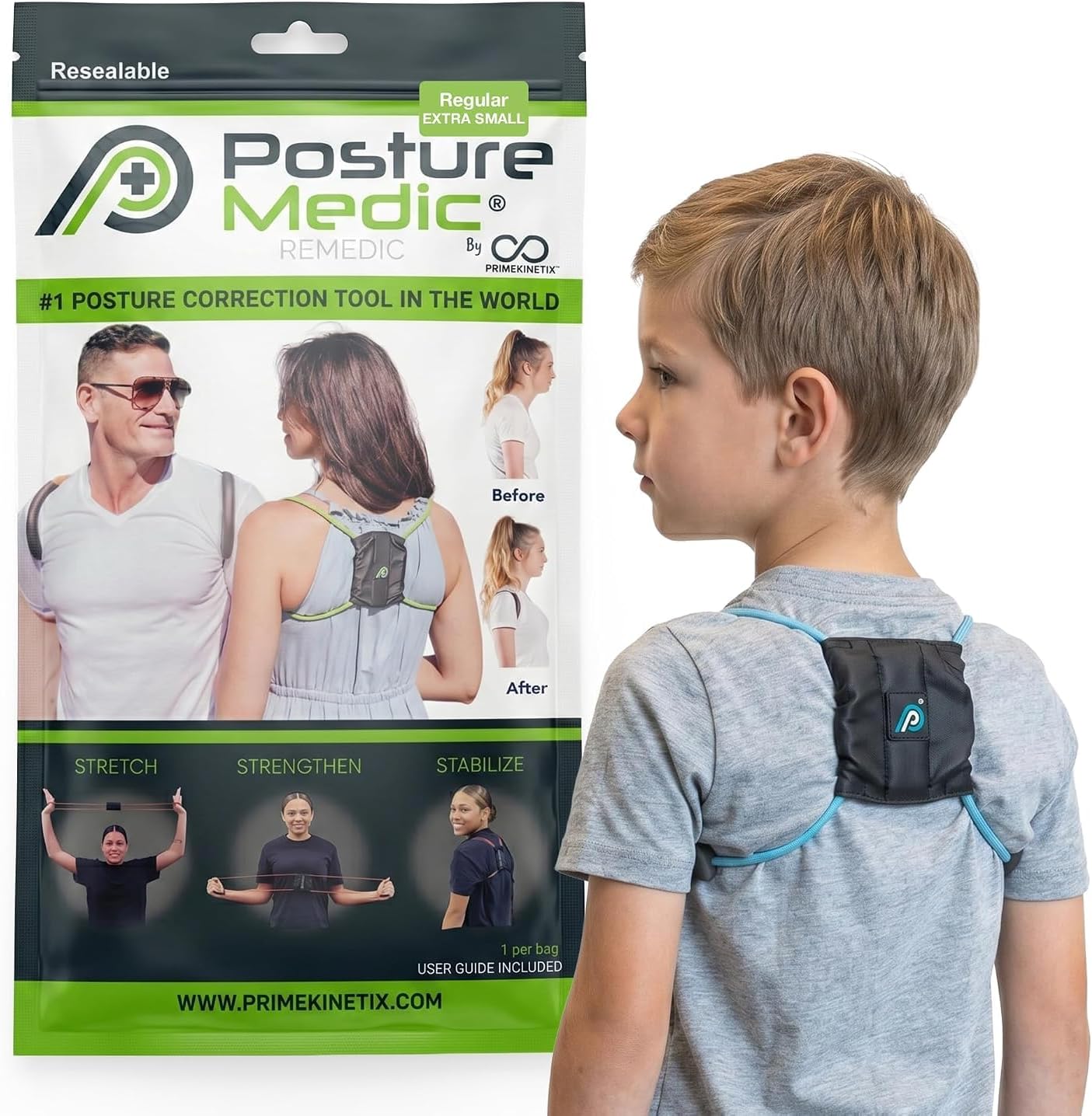 PostureMedic Original Strength Dynamic Posture Corrector for Men & Women โ Active Resistance Training System for Back, Neck & Shoulder Pain Relief โ Strengthen Muscles & Improve Alignment - Size XS (Light Blue)