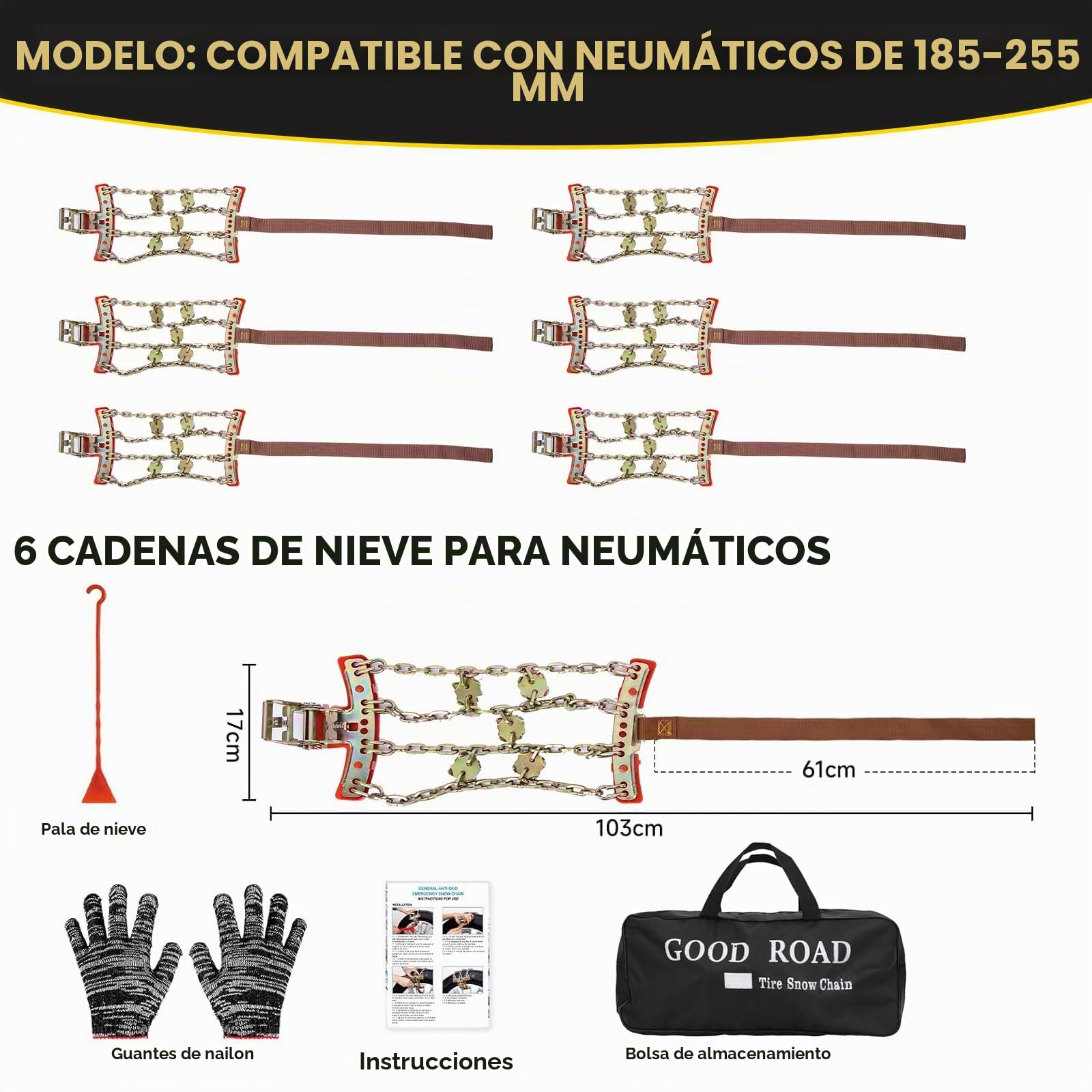 Cadenas de Nieve 6 piezas Ajustables Universal Cadenas para Coche con Pala para Nieve Fácil de instalar para Automóviles SUV Ancho Neumático 185-245mm