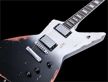 KGD Relic Electric Guitar-6-String Heavy Metal Guitar with Bone Nut, Professional Electric Guitar for Adults(Black&White)