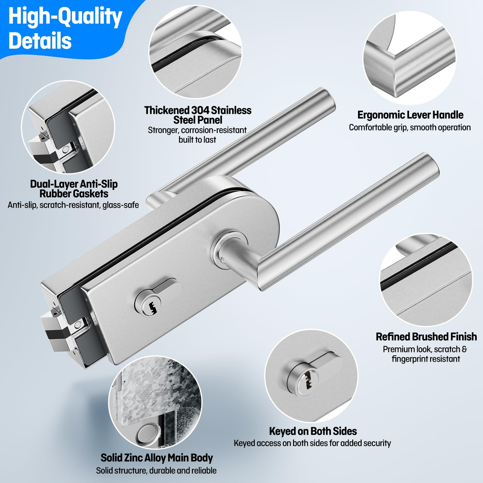 Ranbo Cerradura para Puerta de Cristal sin Marco, Plata Cepillada | Acero inoxidable 304 con cilindro, llaves y manillas a ambos lados, para cristal templado de 8–12 mm
