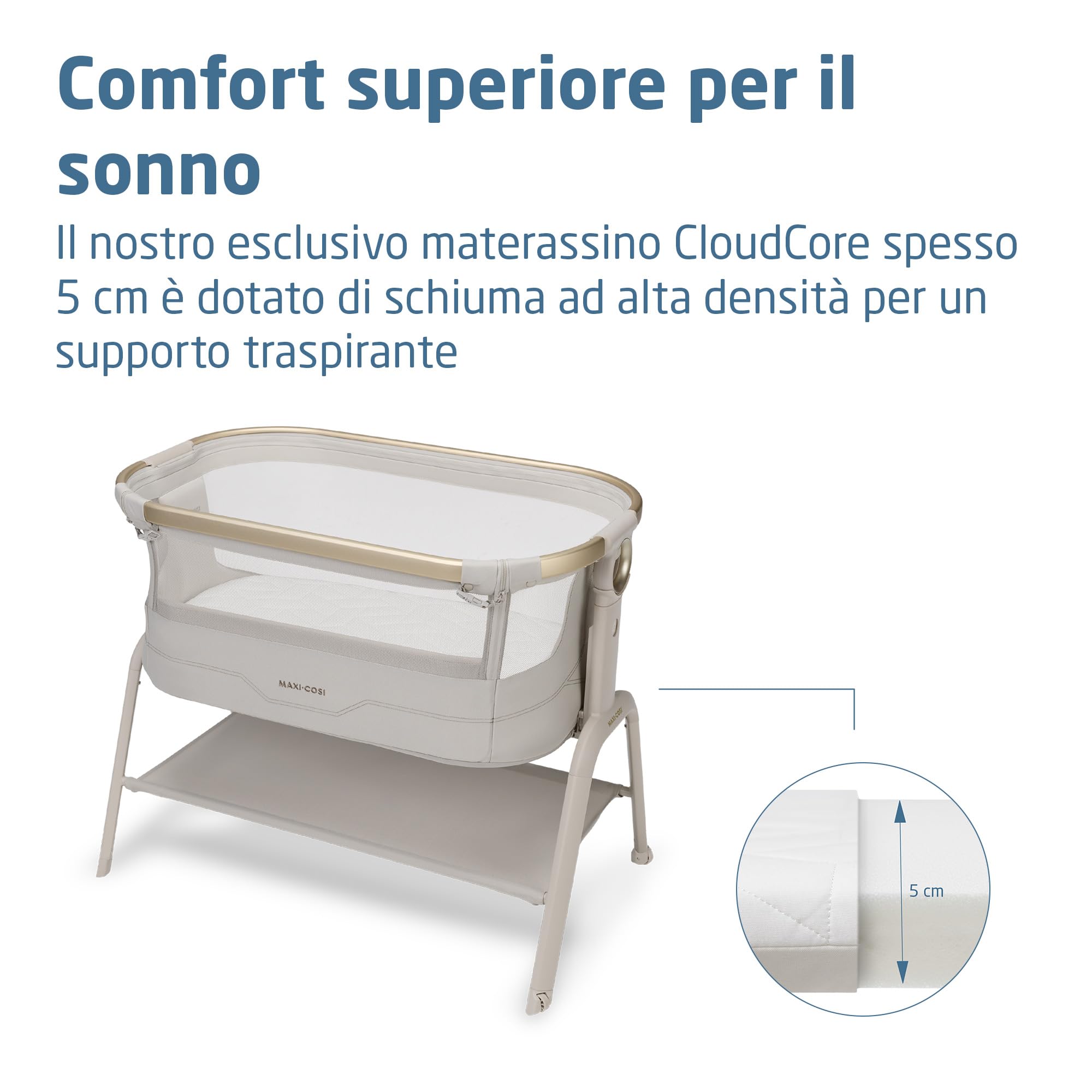 Maxi Cosi Iora² Culla Co-Sleeping, 0–6 Mesi (9 kg), Culla Neonato Fianco Letto Pieghevole e Leggera, Materasso 5 cm CloudCore, 5 Livelli, 2 Ruote Scorrevoli, Funzione Easy Slide, Elegance Beige