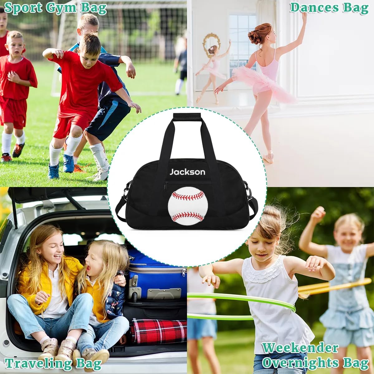 Personalize-Kids-Duffel-Bags with Custom Name Sports Gym Travel Lightweight Ball Bags for Boys Kids Girls Weekenders Carry-On Overnight Baseball 3