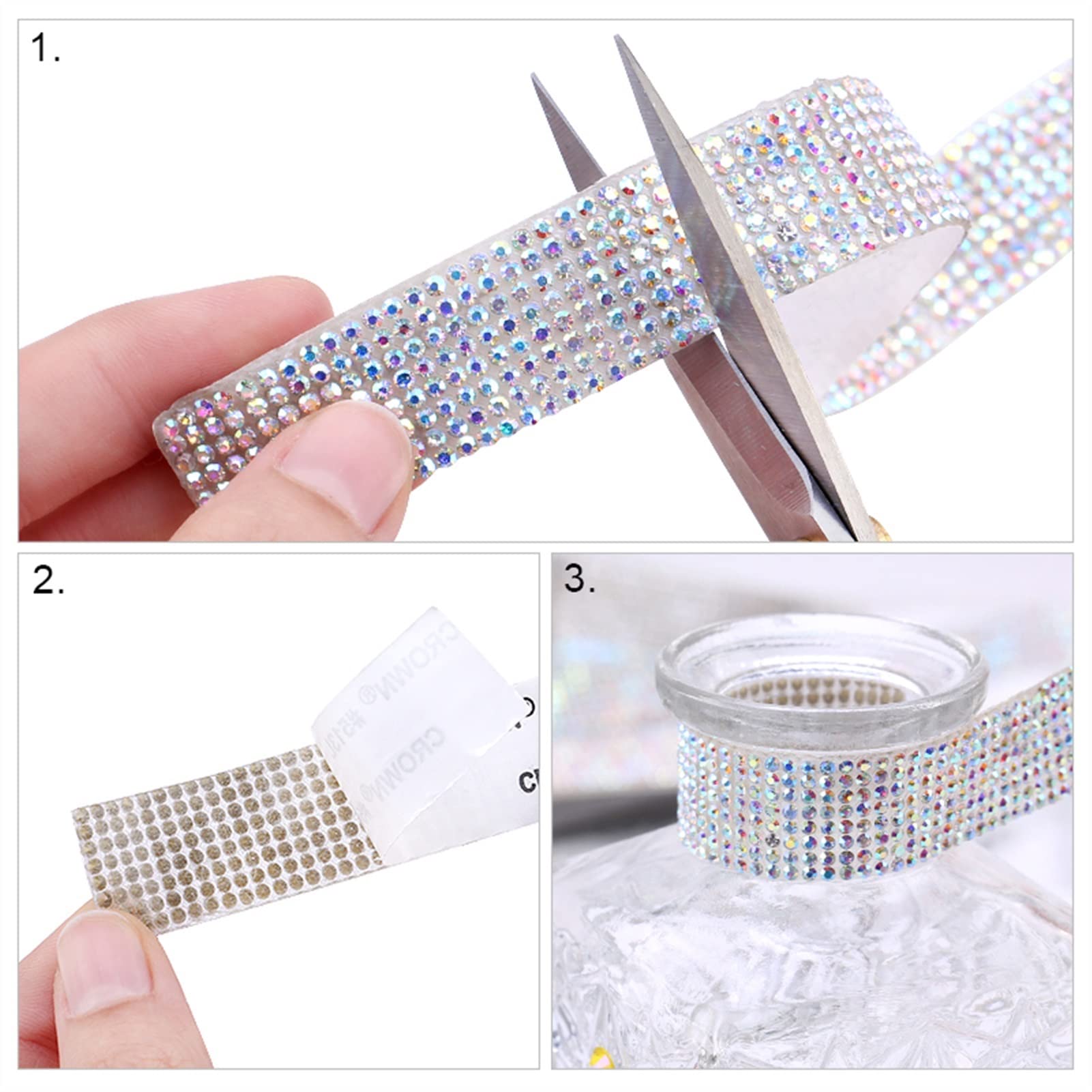 ACiyD Mehrzweck 4 Rollen Selbstklebende Strasssteine Trim Set Ribbon Glitter Glänzendes Kristallband Kette Autokleidung Strass Dekorationen für Geschenkverpackungen Handwerk (Color : Clear) (Clear)