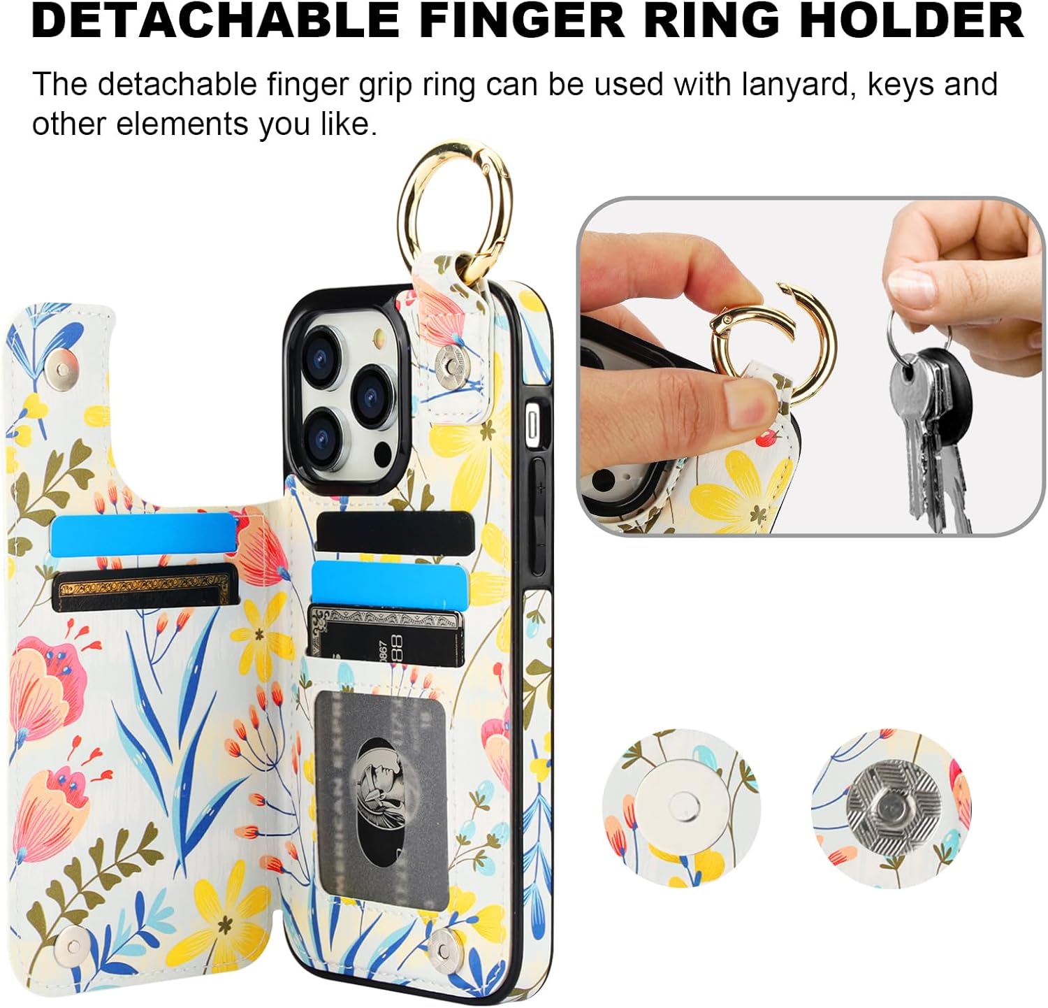 HAOPINSH for iPhone 14 Pro Max Wallet Case with Card Holder, Floral Flower Print Back Flip Folio PU Leather Kickstand Card Slots Case, Finger Grip Ring Double Magnetic Clasp Shockproof 6.7" - Image 4