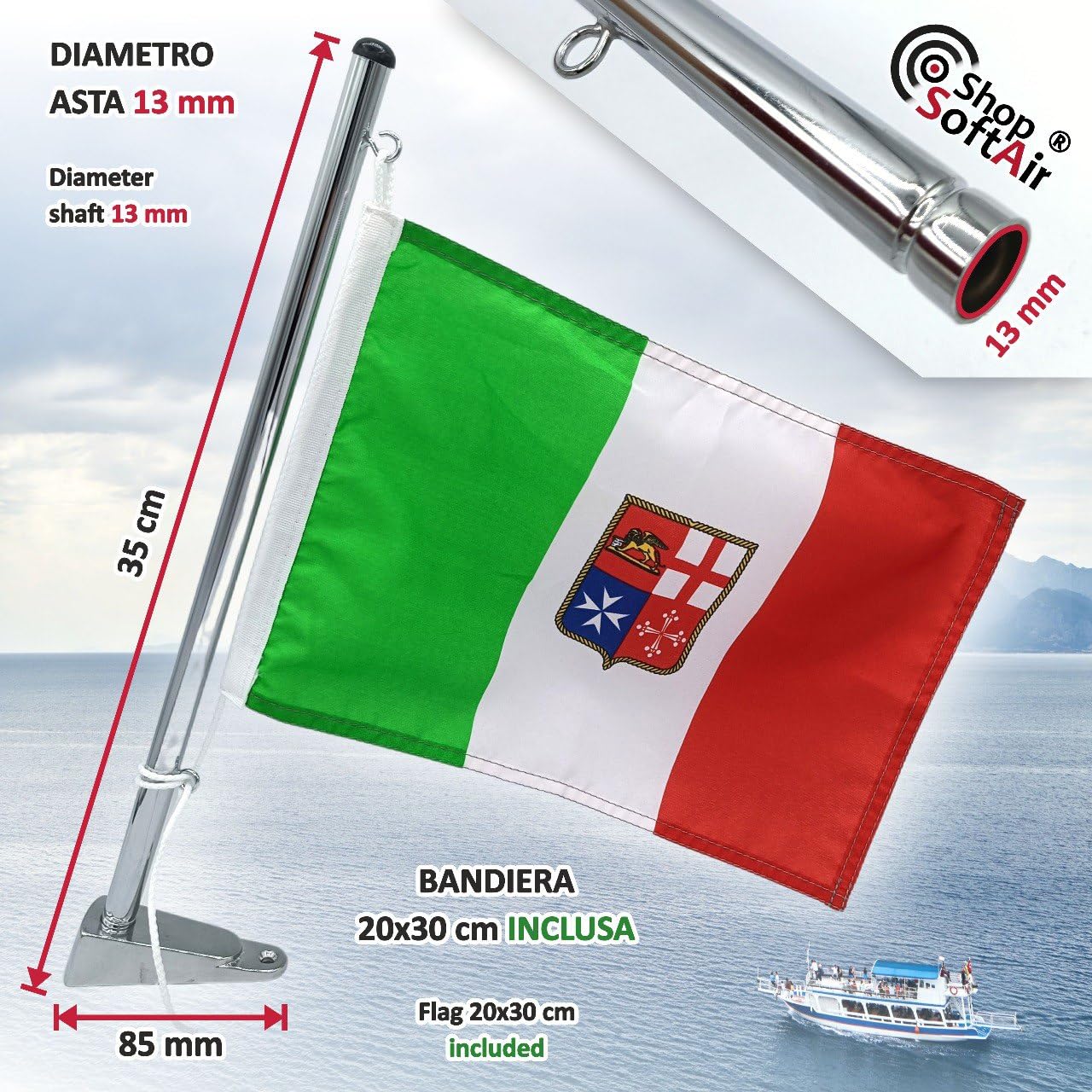 Mástil portabandista porta bandera de acero inoxidable 35 o 50 cm con soporte o para púlpito para embarcaciones barco yate bandera italiana incluida