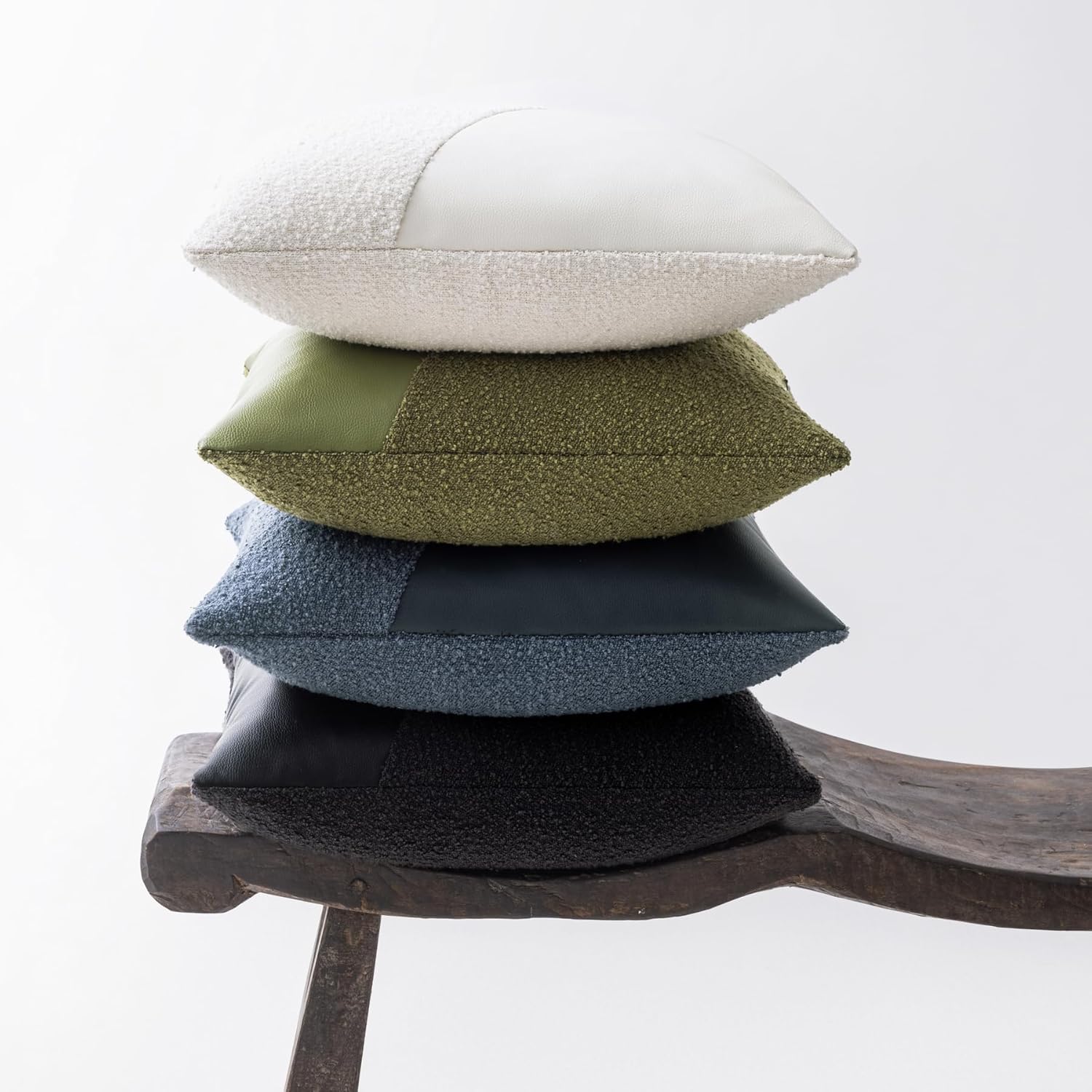 Boucle Throw Pillow Covers 20"x20" Set of 2, Denim Blue Decorative Textured Cushion Covers with Faux Leather Patchwork, Boho Farmhouse Accent Pillowcases for Organic Aesthetic Home Decor
