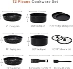 Sweetcrispy 12 pcs Pots and Pans Set, Nonstick Kitchen Induction Cookware Suit with Detachable Handle, Dishwasher Oven Safe, for RV & Condos, Black