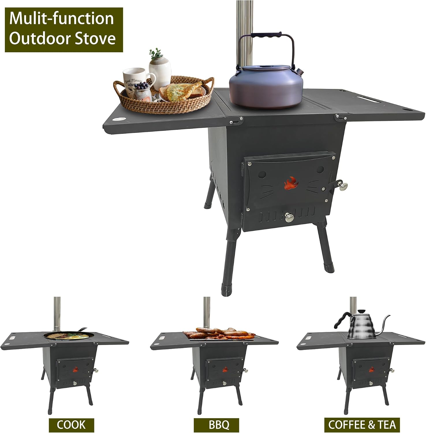 Tent Stove Portable Wood Burning Stove, Folding Hot Tent Stove for Camping, Cooking, Courtyard with Heat Resistant Gloves, Includes Chimney Pipe, Black (Large)
