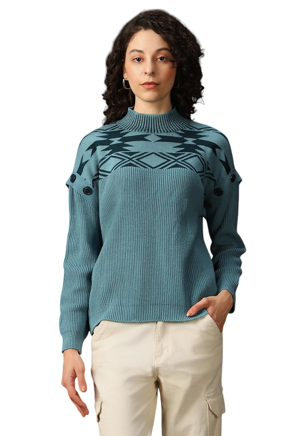 high star clothing High Star Women Acrylic Knitted Oversized Fit Turtle Neck Full Sleeves Sweaters 48-picture-29