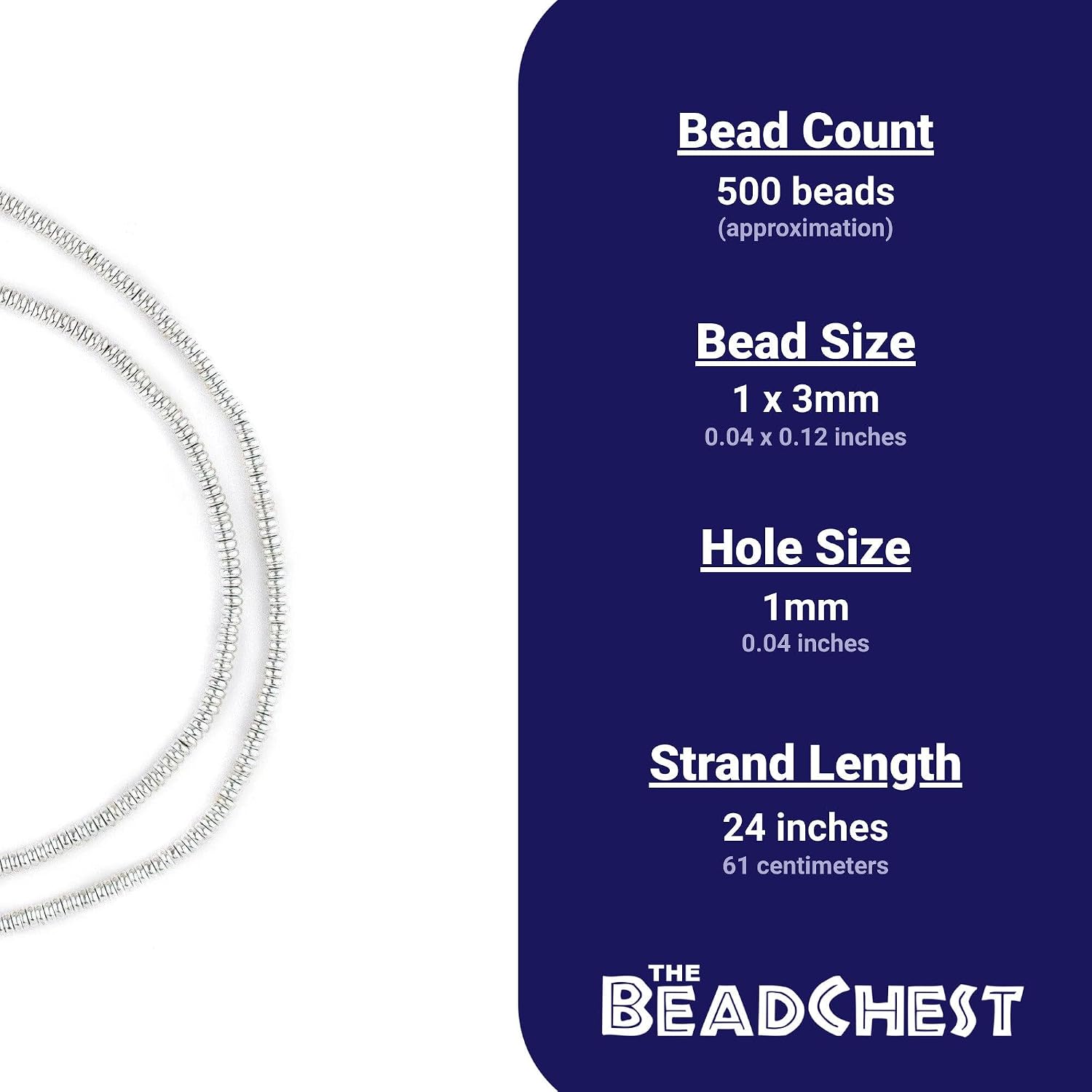 The Bead Chest Smooth Shiny Silver Heishi Beads 3mm White Metal 24 Inch Strand