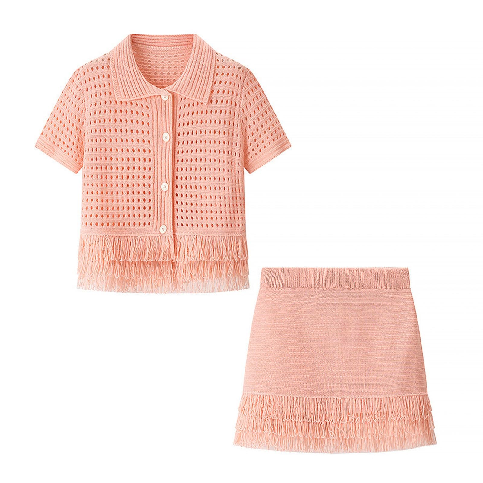 Minifalda de punto para verano, chaqueta de manga corta con flecos y cintura alta, atuendo casual 2026