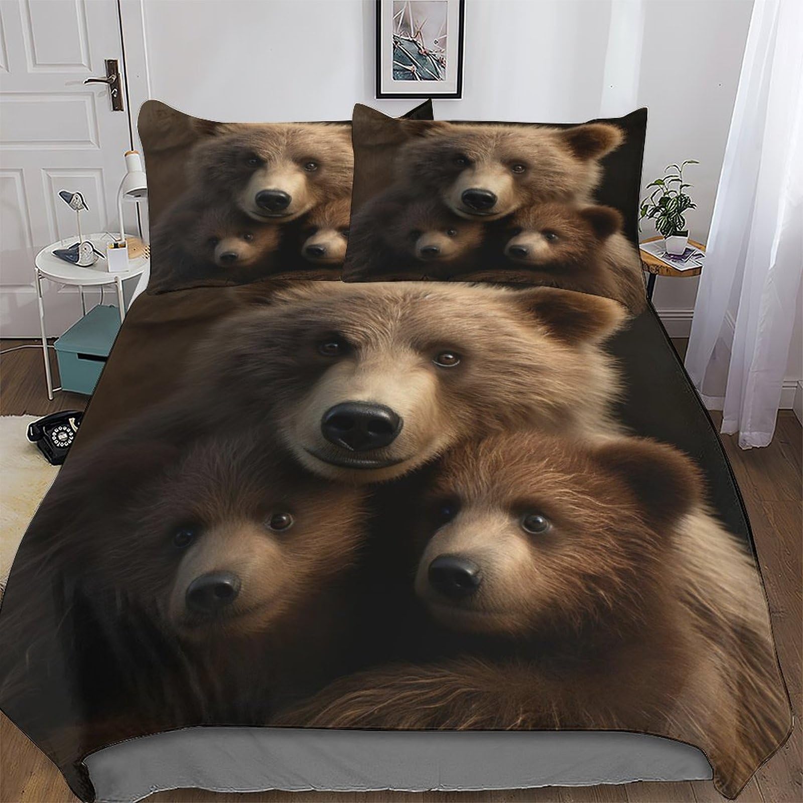 Housse de couette ours microfibre 220x240cm avec ses deux taies d'oreiller pour lit double