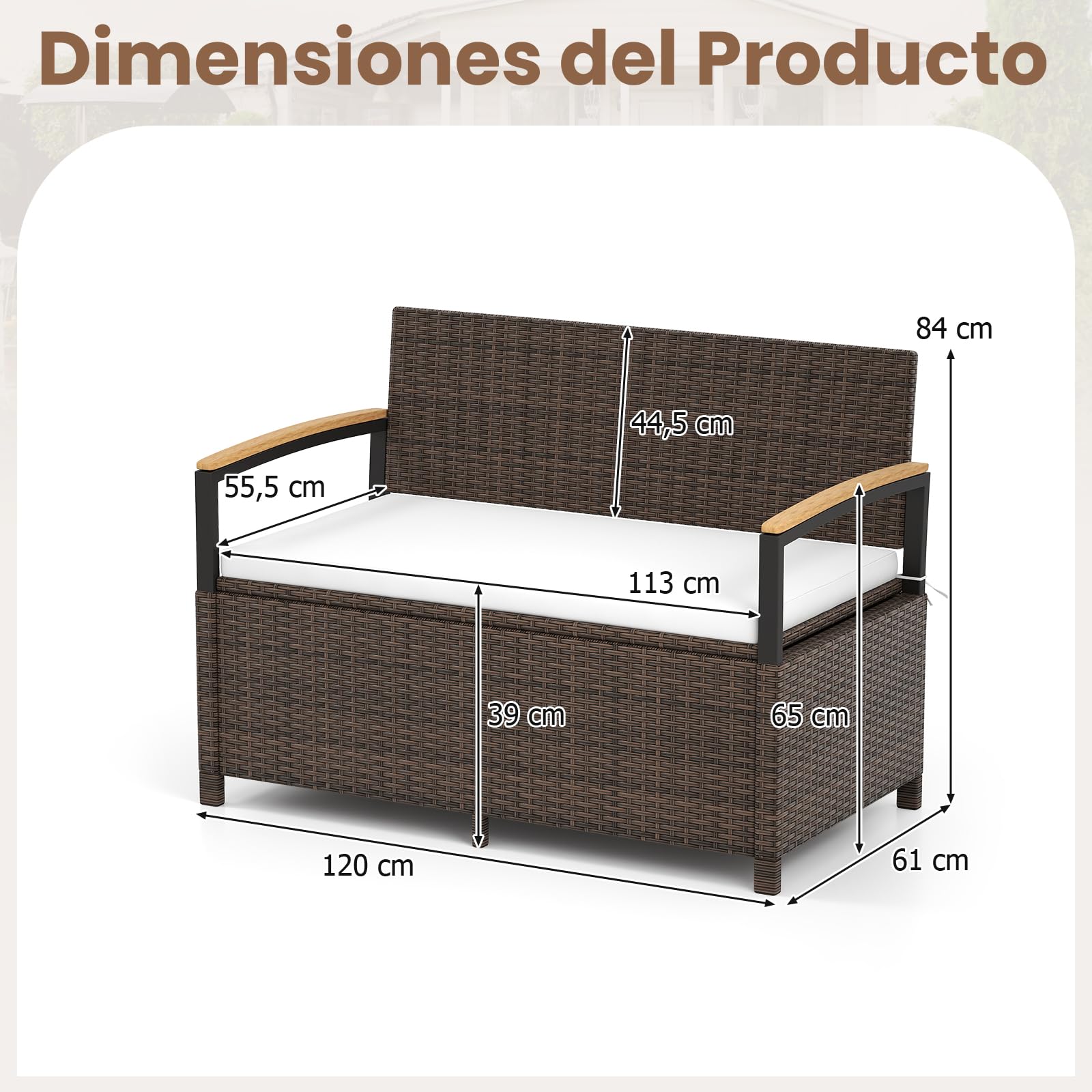 COSTWAY Banco de Almacenamiento Exterior Ratán, 175 L Baúl para Terraza con Cojín, Respaldo y Reposabrazos de Madera de Acacia, Sofá de Mimbre PE con Almacenamiento Oculto y Bolsa Impermeable (Blanco)