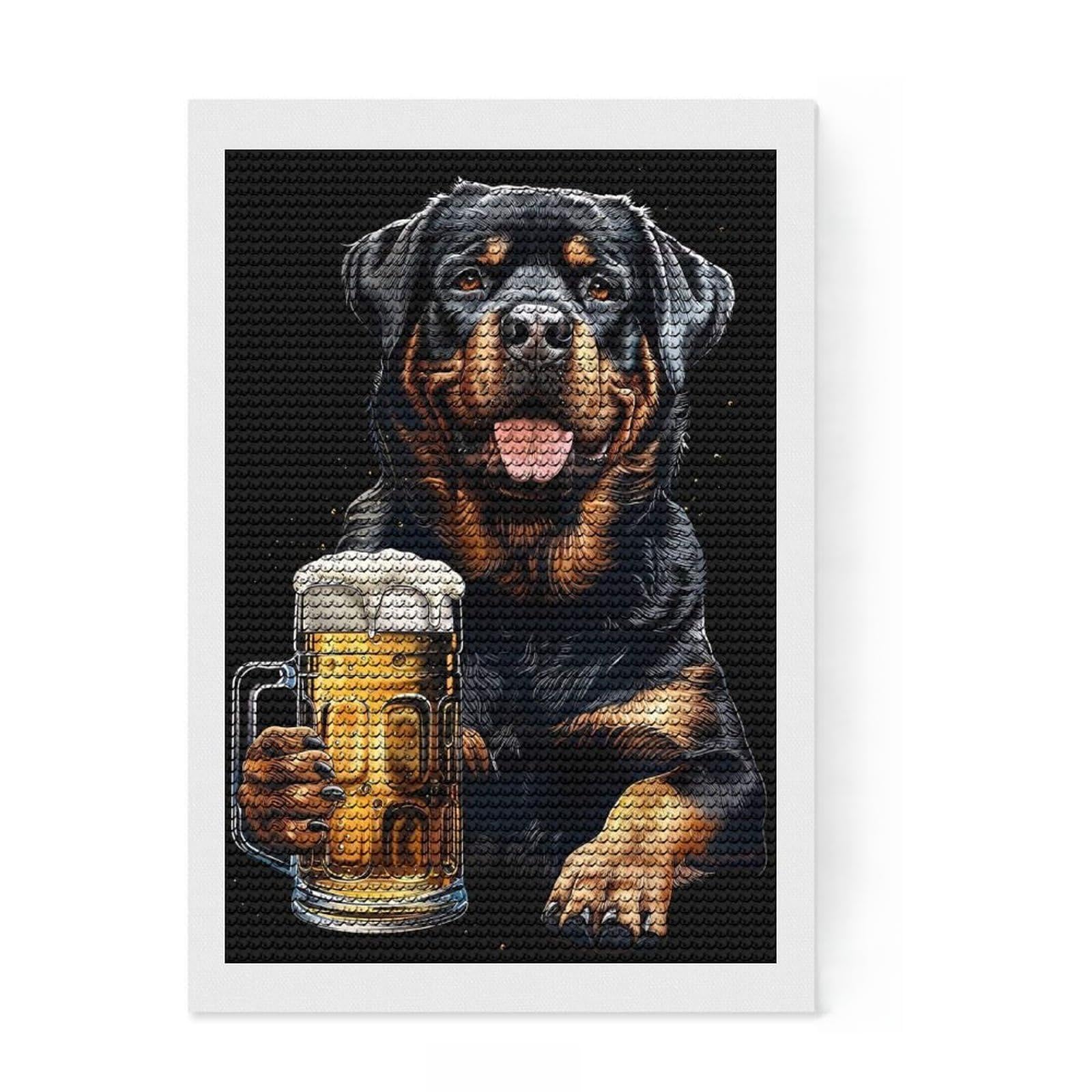 Junmoney Rottweiler with Beer DIY Diamond Art Canvas Kit 8"x12", Easy to Follow Symbols, Finish and Display, Creative Leisure Activity