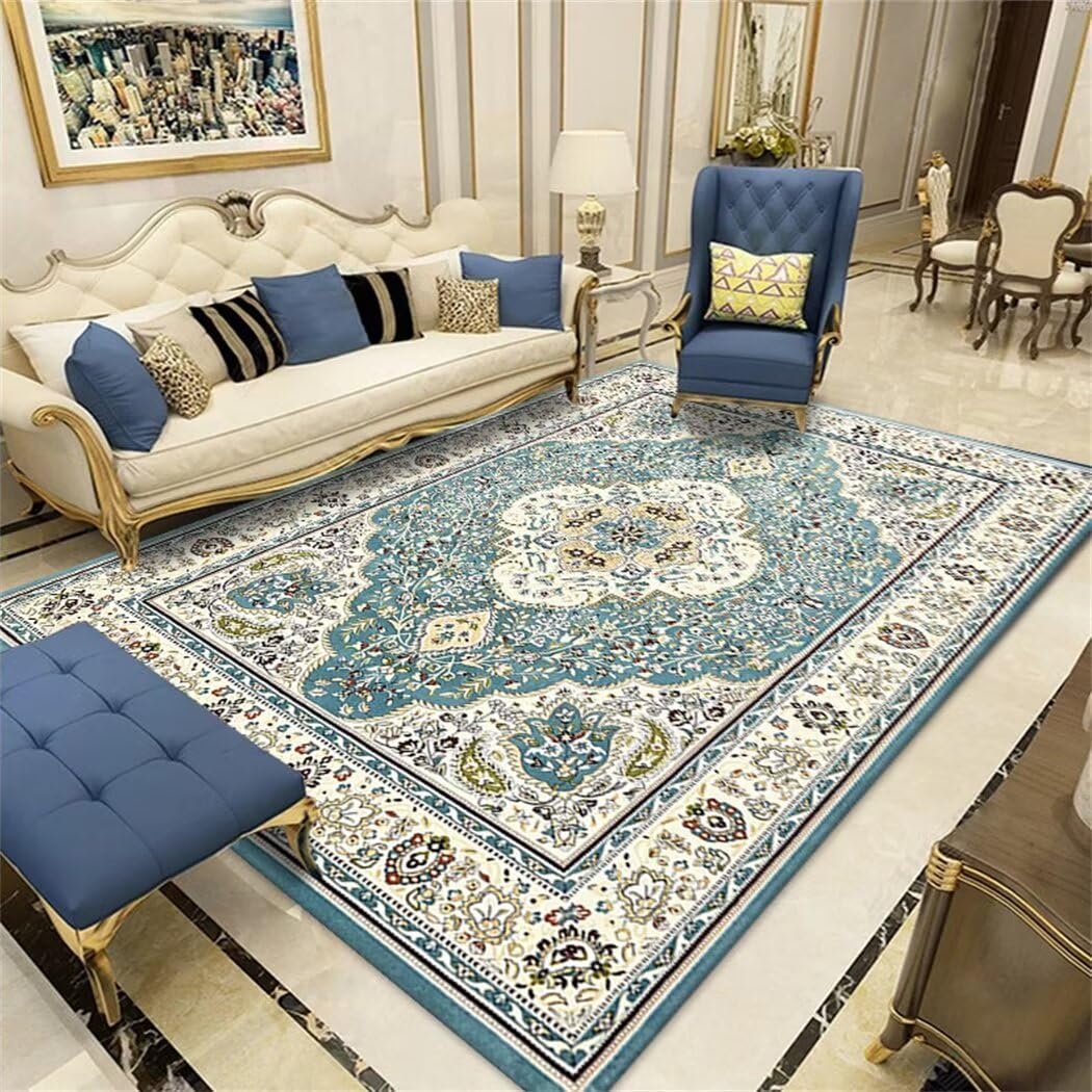 Tapis de couloir bleu 90X200 imprimé végétal : tapis sol enfant facile d'entretien pour salon