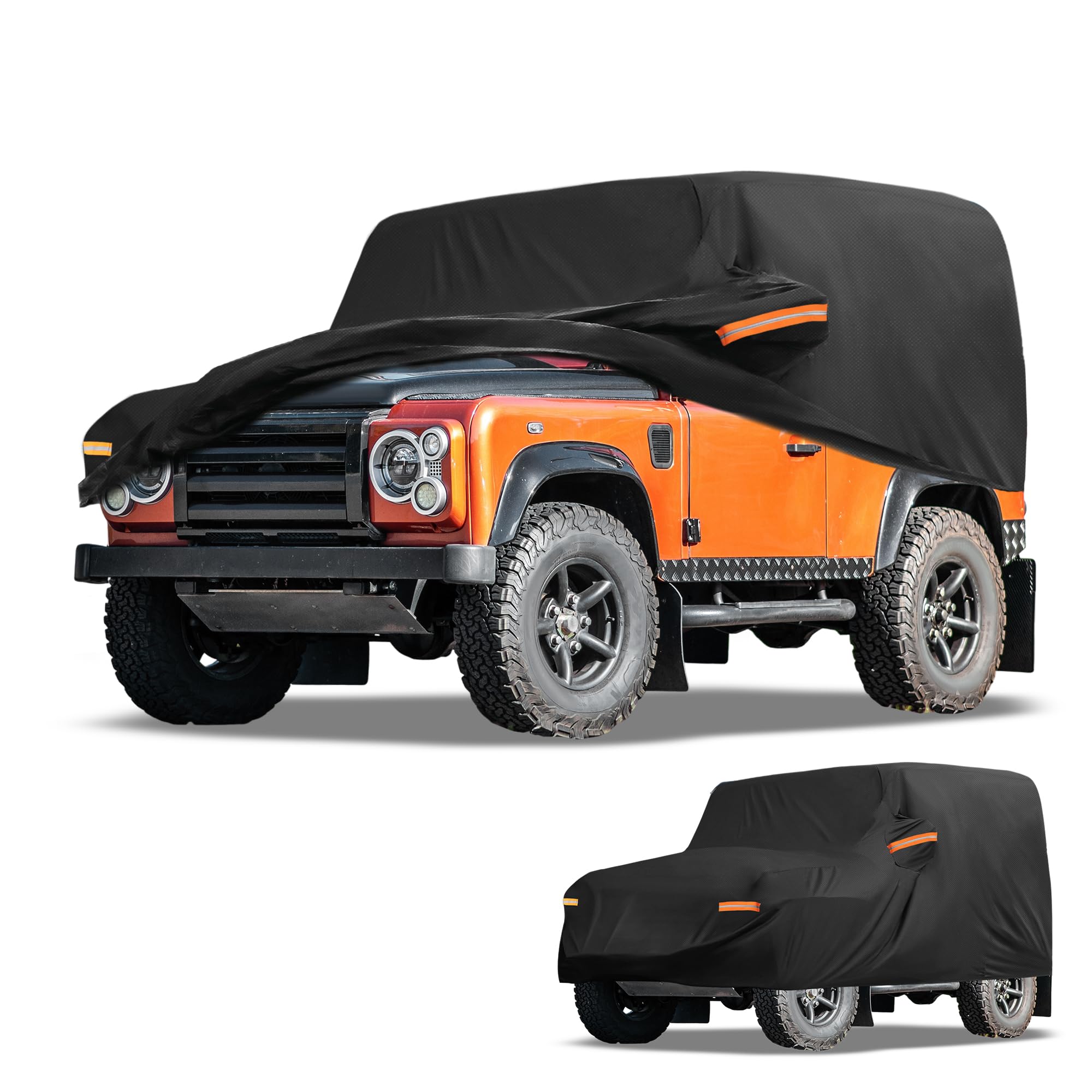 Housse Imperméable Anti-UV pour Land Rover Defender 90 20-24 1pc | Noir, 210D-PU, 468x143x195cm, Extérieur Toutes Saisons, Anti-UV, Protection Soleil Pluie, Sangles Réfléchissantes, 1 Pièce