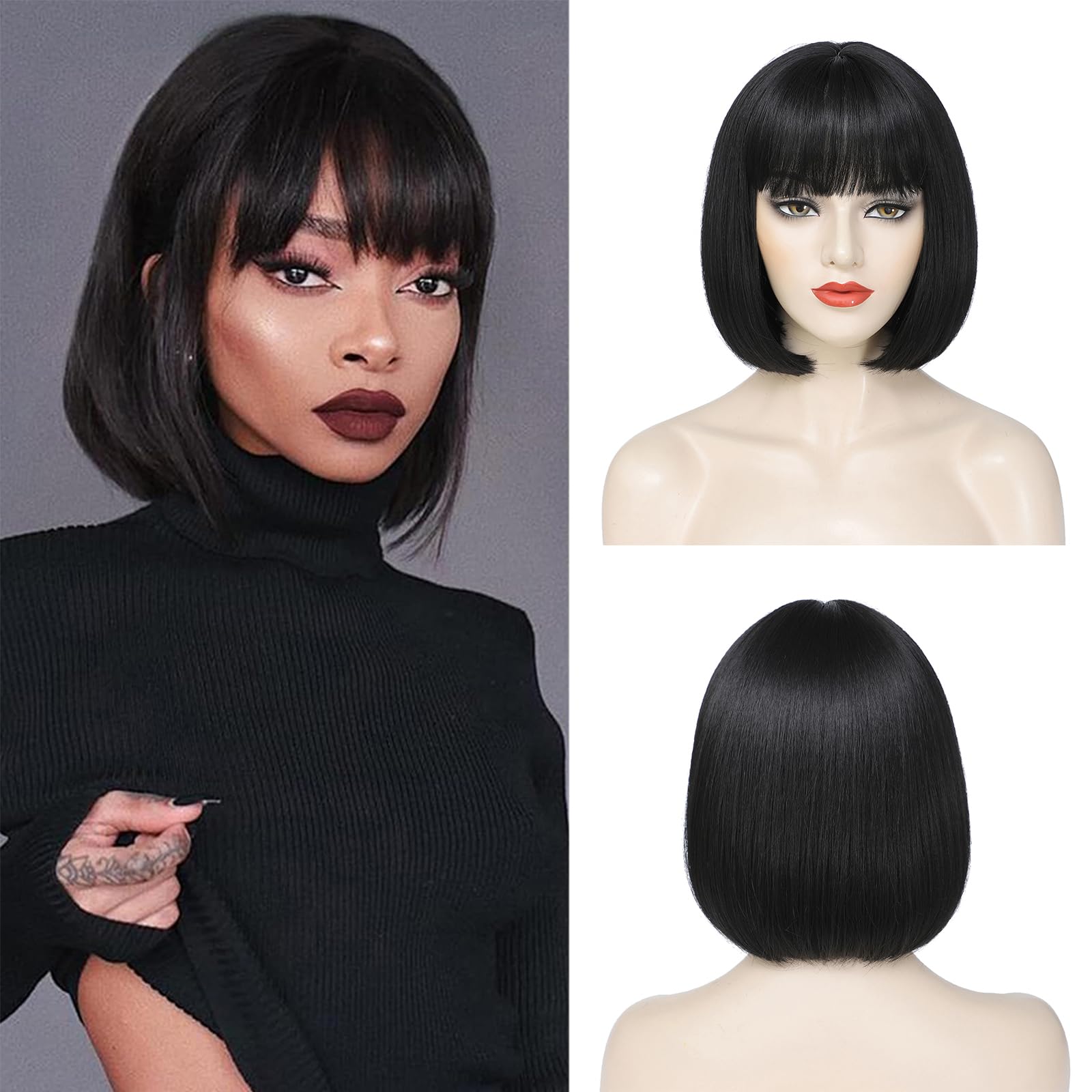 Photo 1 of **BLUE** LUVEUNI Short Bob Wig with Bangs Straight Blue Wigs for Women Colored Costume Wigs for Girl Shoulder Length Synthetic Cosplay Wig