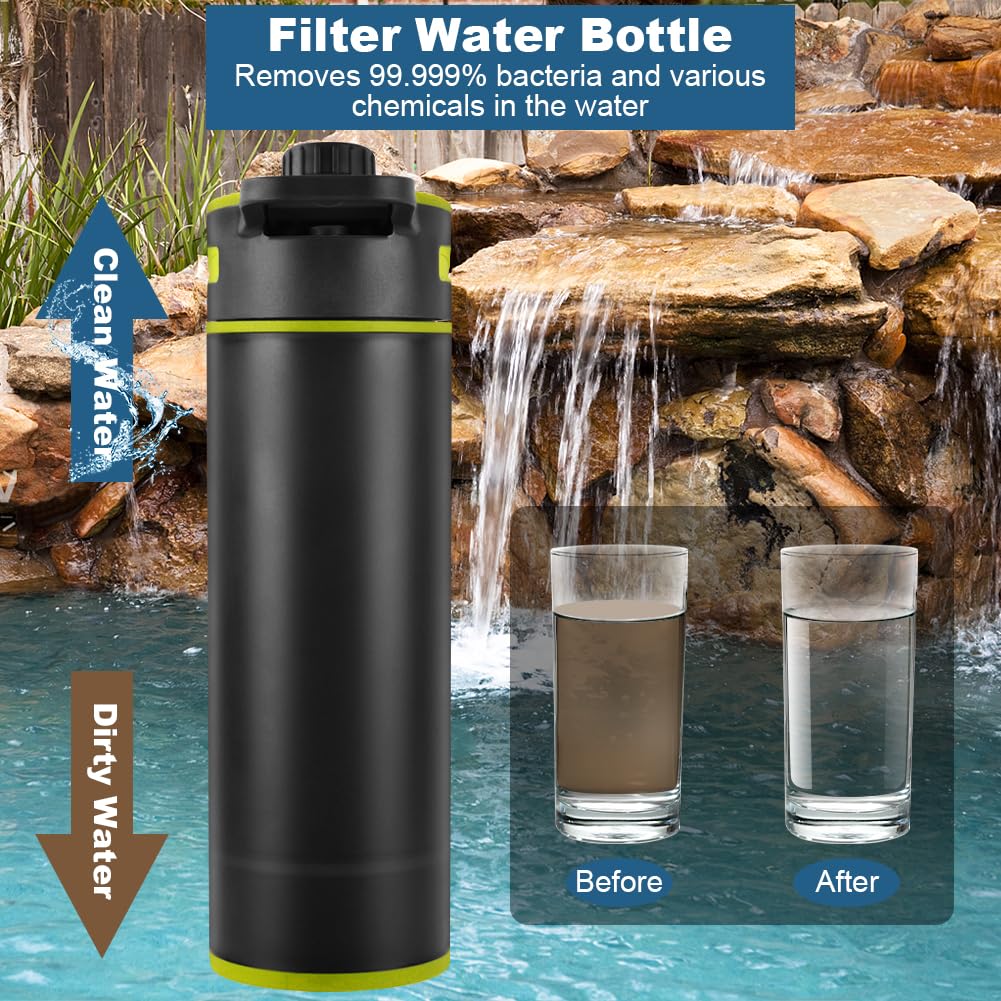 Flintronic Bottiglia d'Acqua Filtro, 800ML Bottiglia d'Acqua all'Aperto con Filtro, Depuratore d'Acqua Portatile, Borraccia Filtrante con Filtro, Filtro Acqua Potabile Sopravvivenza Viaggio Campeggio