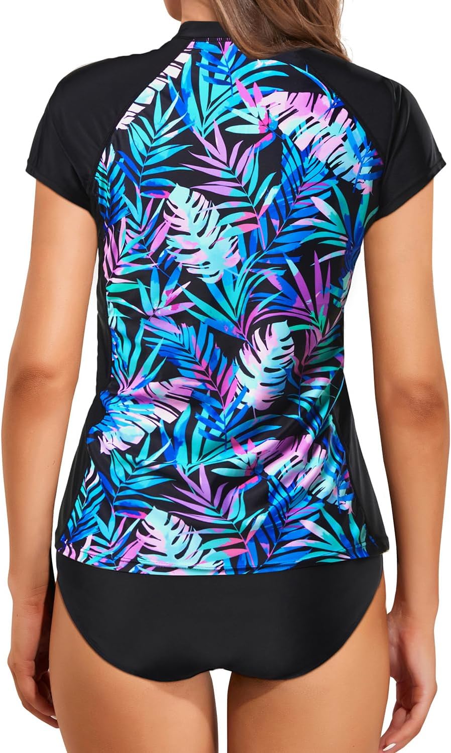 Holipick Short Sleeve Rash Guard for Women - 2 Piece Swimsuit UPF 50+ Zipper Swim Shirts with Built in Bra