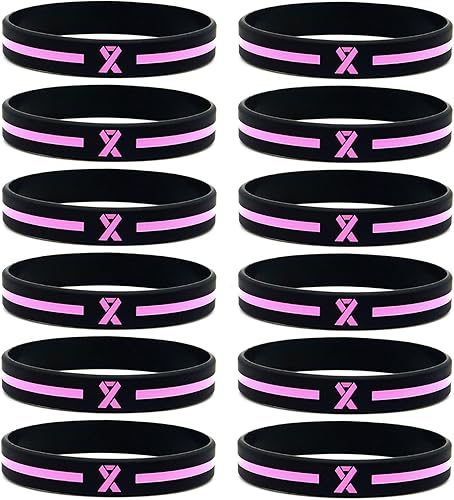 Miniatura 1 de Pulseras de cinta rosa para el cáncer de mama (paquete de 12)  Paquete a granel de accesorios unisex de concientización para hombres y mujeres
